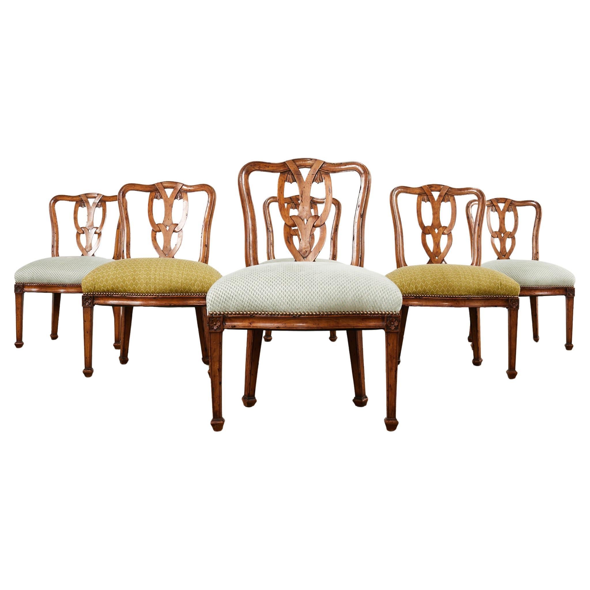 Set of Six Italian Chippendale Style Walnut Dining Chairs For Sale