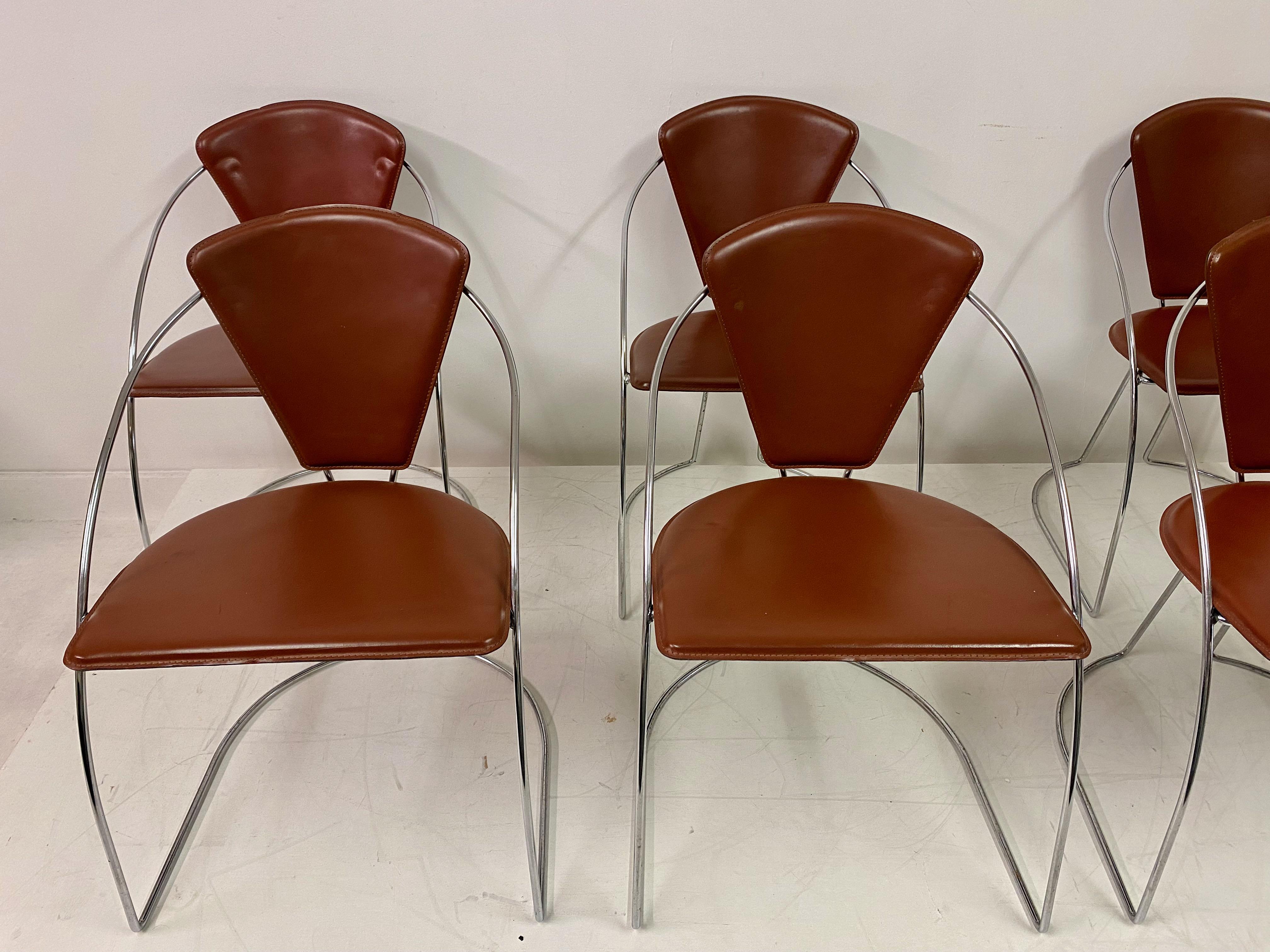 Set of Six Italian Chrome Leather Dining Chairs In Good Condition In London, London