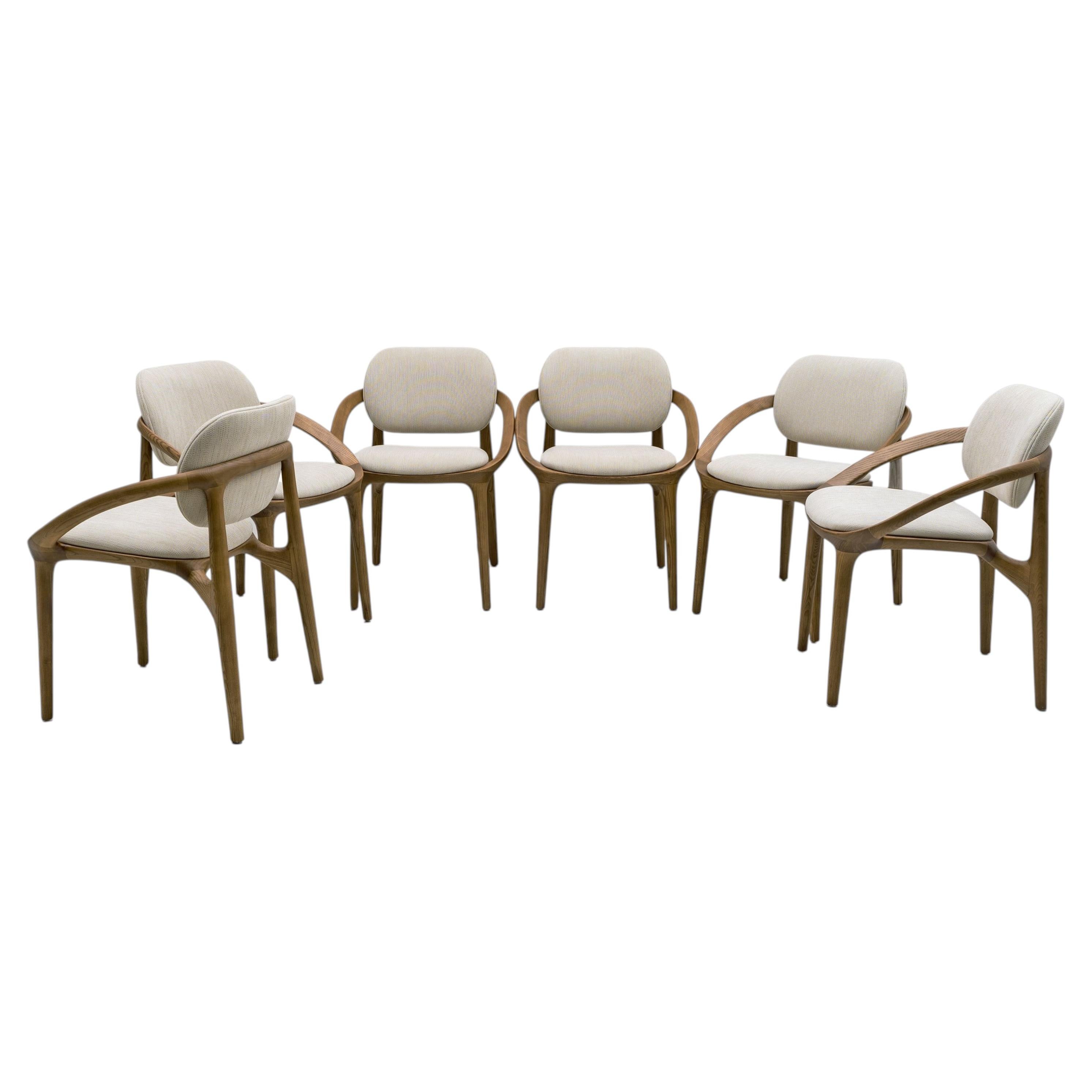 Set of Six Contemporary Italian Dining Chairs with a Sculptural Curved Frame For Sale