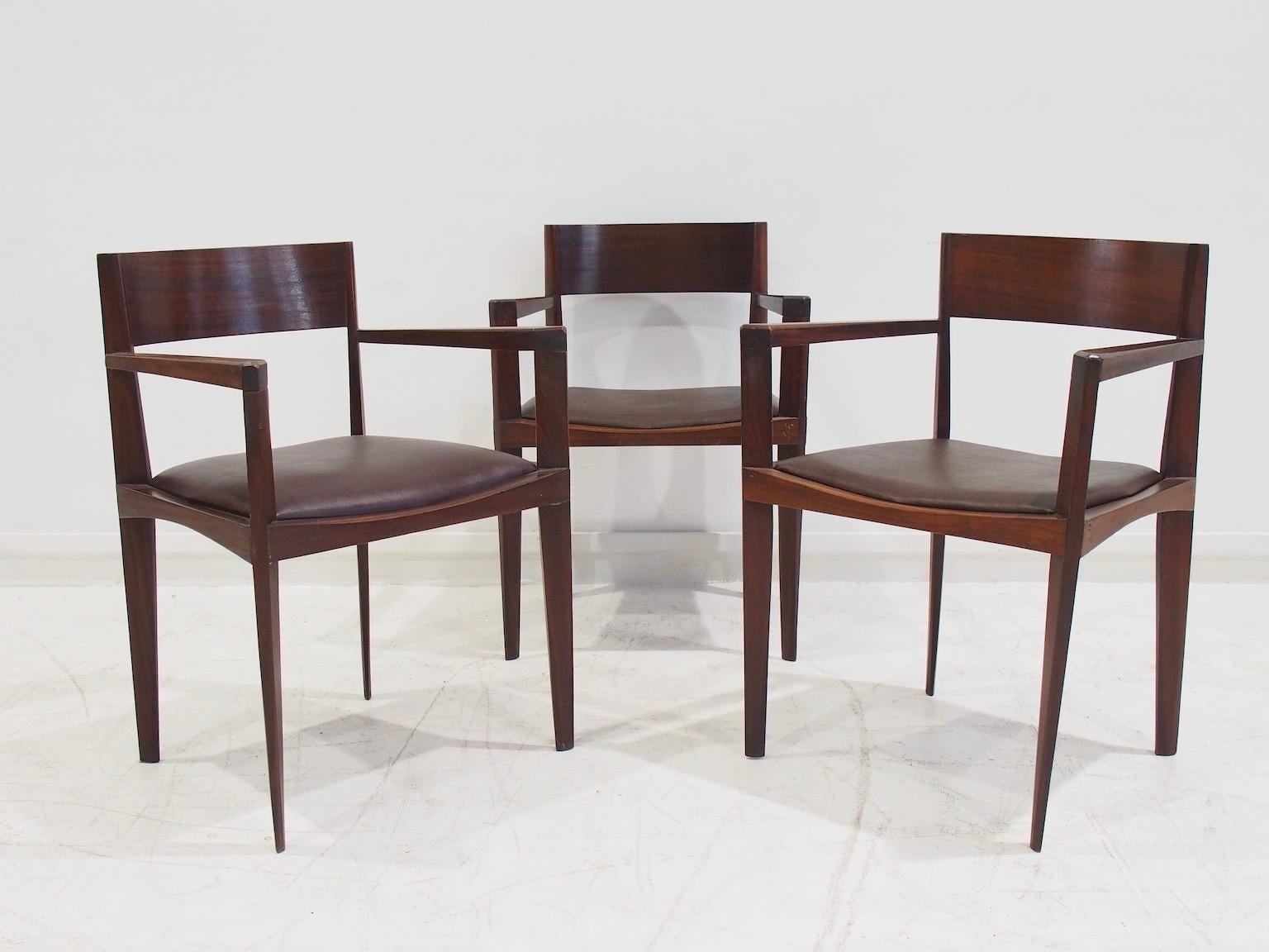Set of Six Italian Dark Brown Wood and Faux Leather Dining Chairs For Sale 5