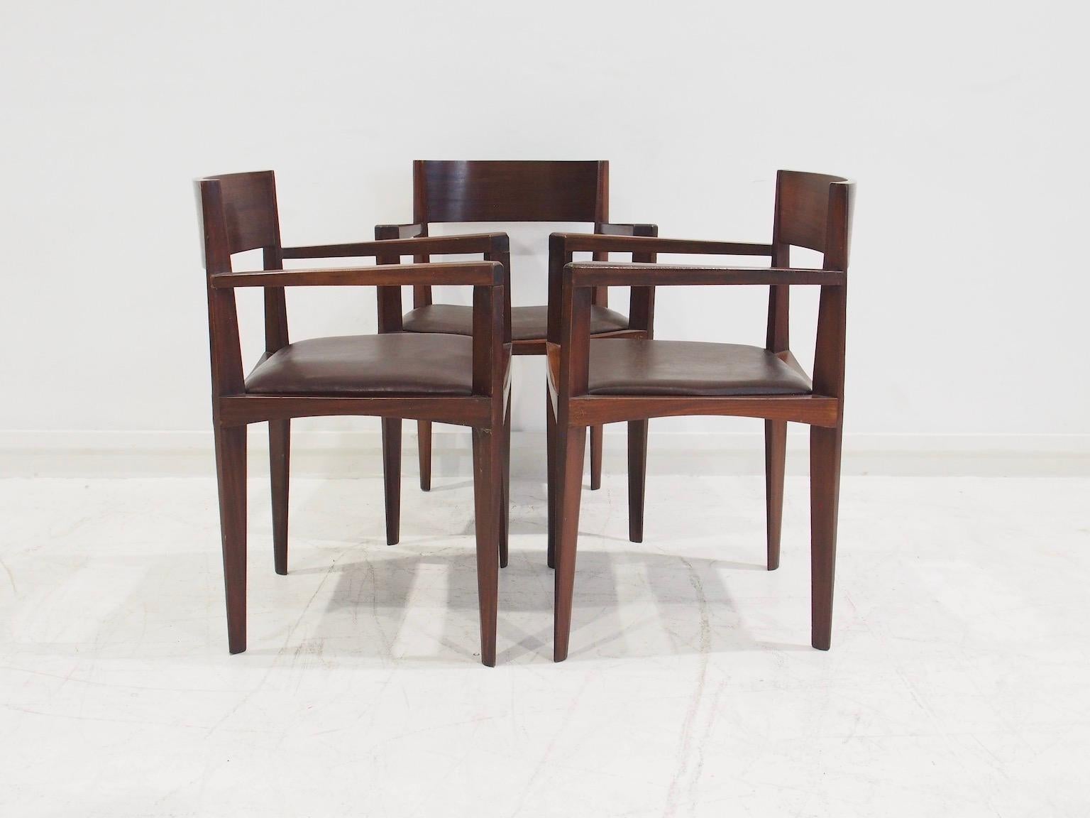 Set of Six Italian Dark Brown Wood and Faux Leather Dining Chairs For Sale 6