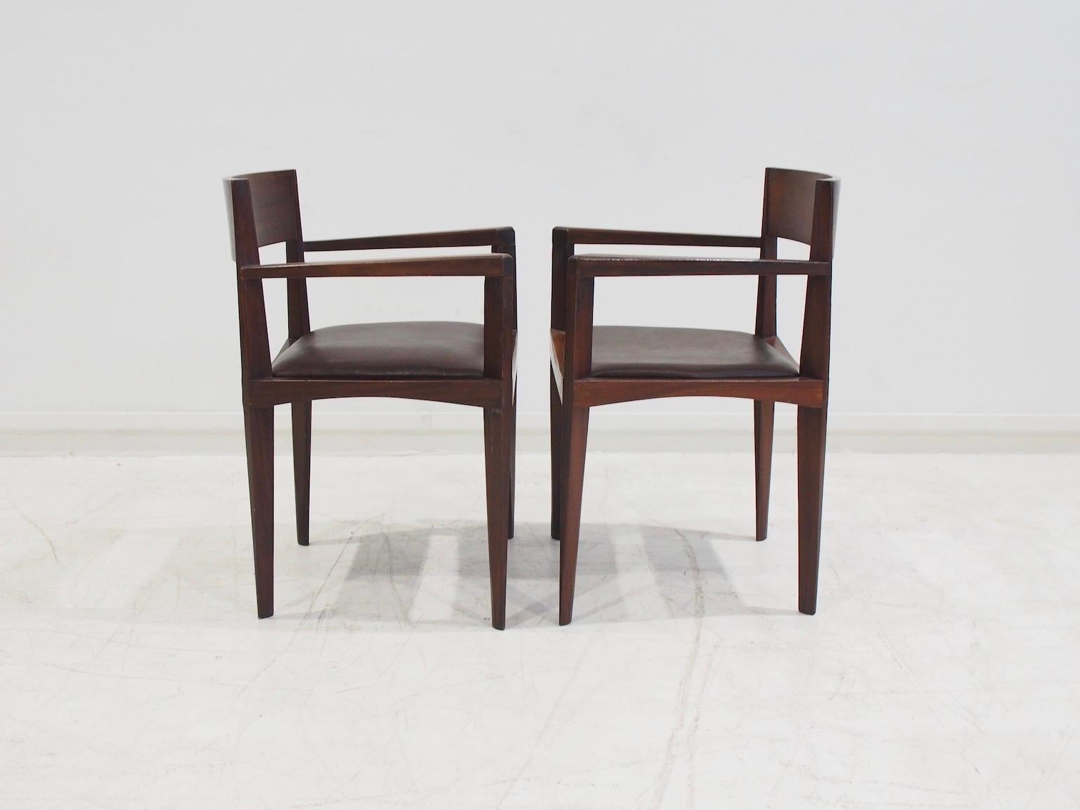 Set of Six Italian Dark Brown Wood and Faux Leather Dining Chairs For Sale 7