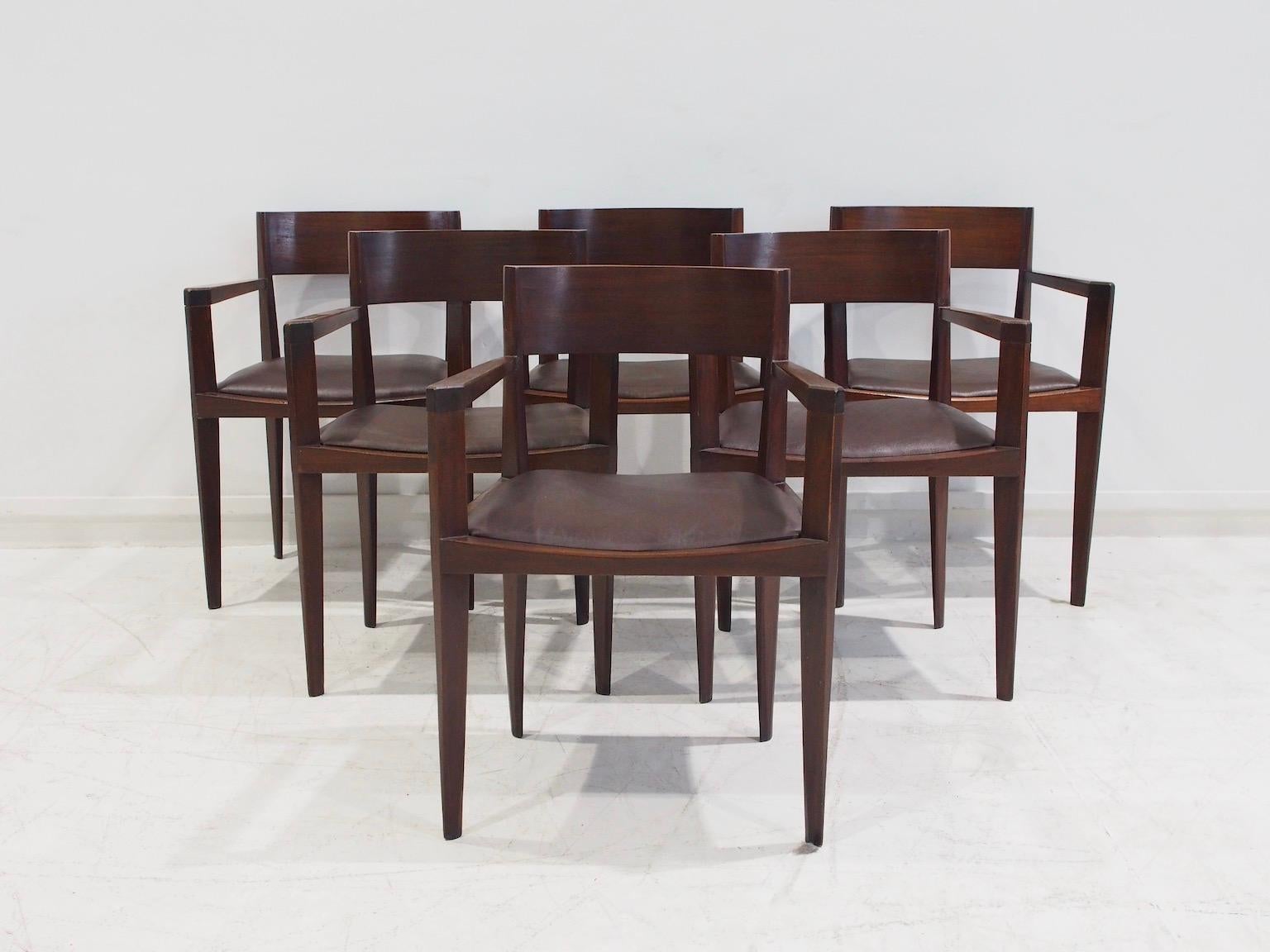 Mid-Century Modern Set of Six Italian Dark Brown Wood and Faux Leather Dining Chairs For Sale
