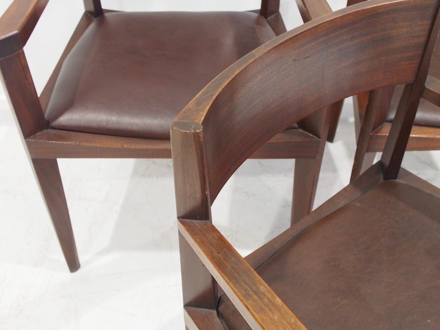 Set of Six Italian Dark Brown Wood and Faux Leather Dining Chairs For Sale 3