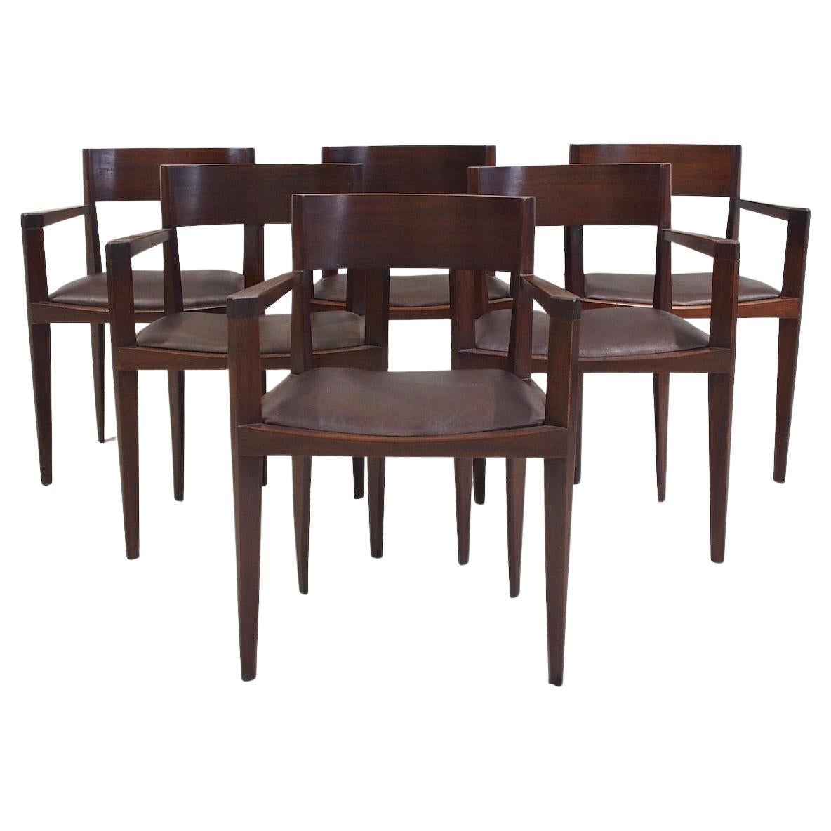 Set of Six Italian Dark Brown Wood and Faux Leather Dining Chairs