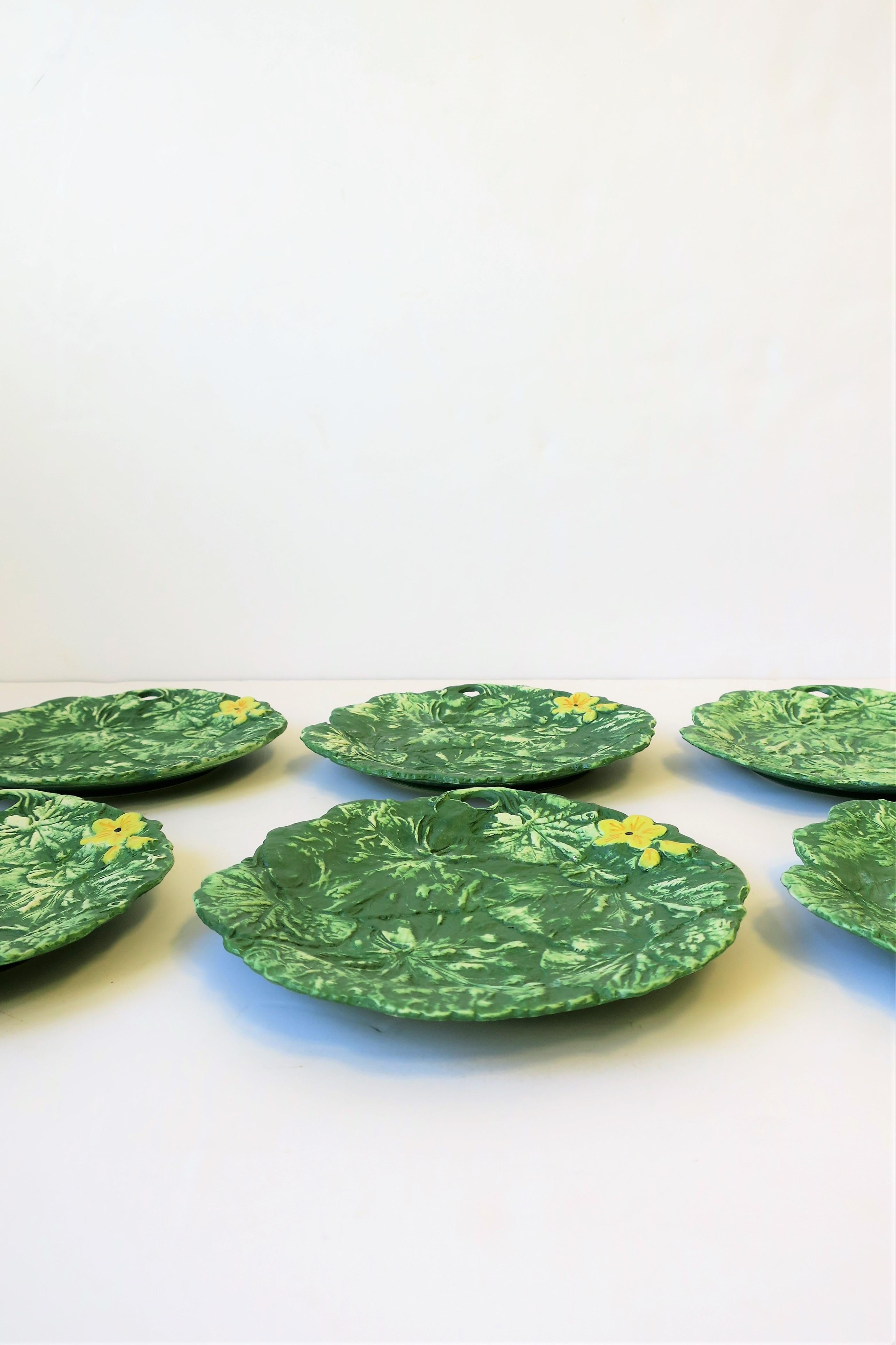 20th Century Italian Designer Green Leaf and Yellow Flower Plates, Set of 6 For Sale