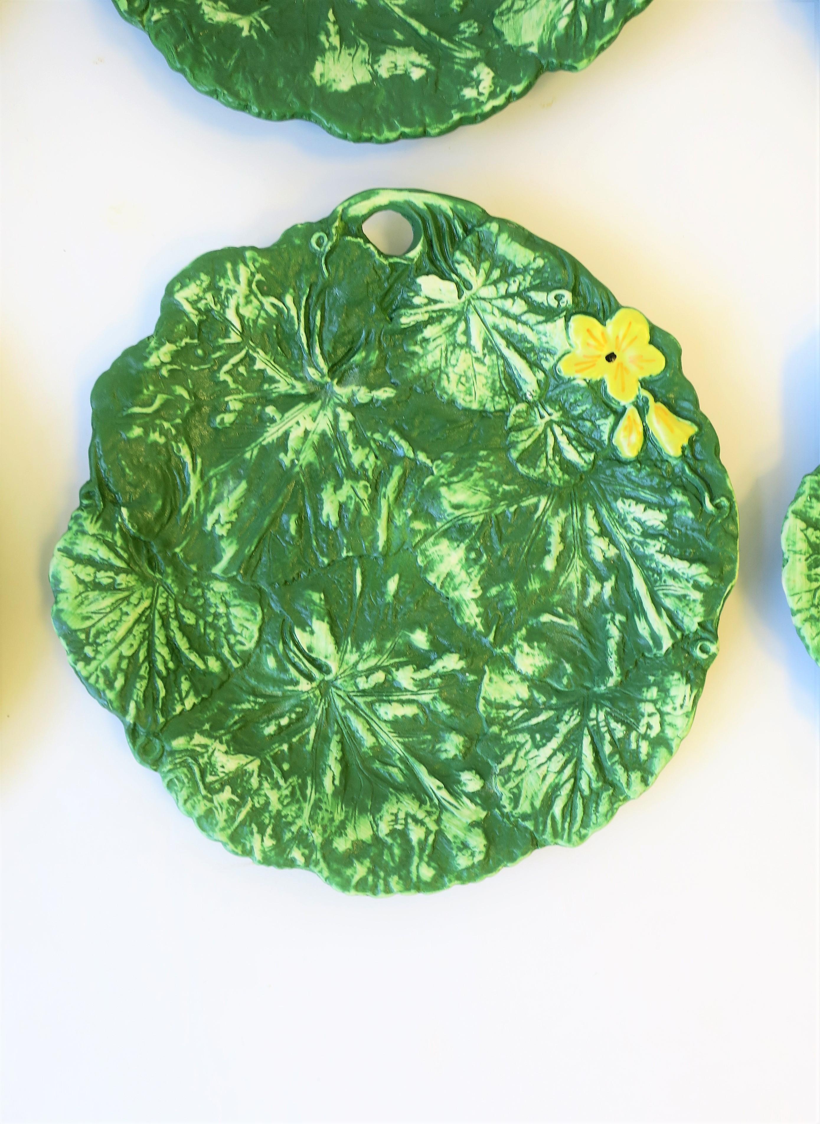 Organic Modern Italian Designer Green Leaf and Yellow Flower Plates, Set of 6 For Sale