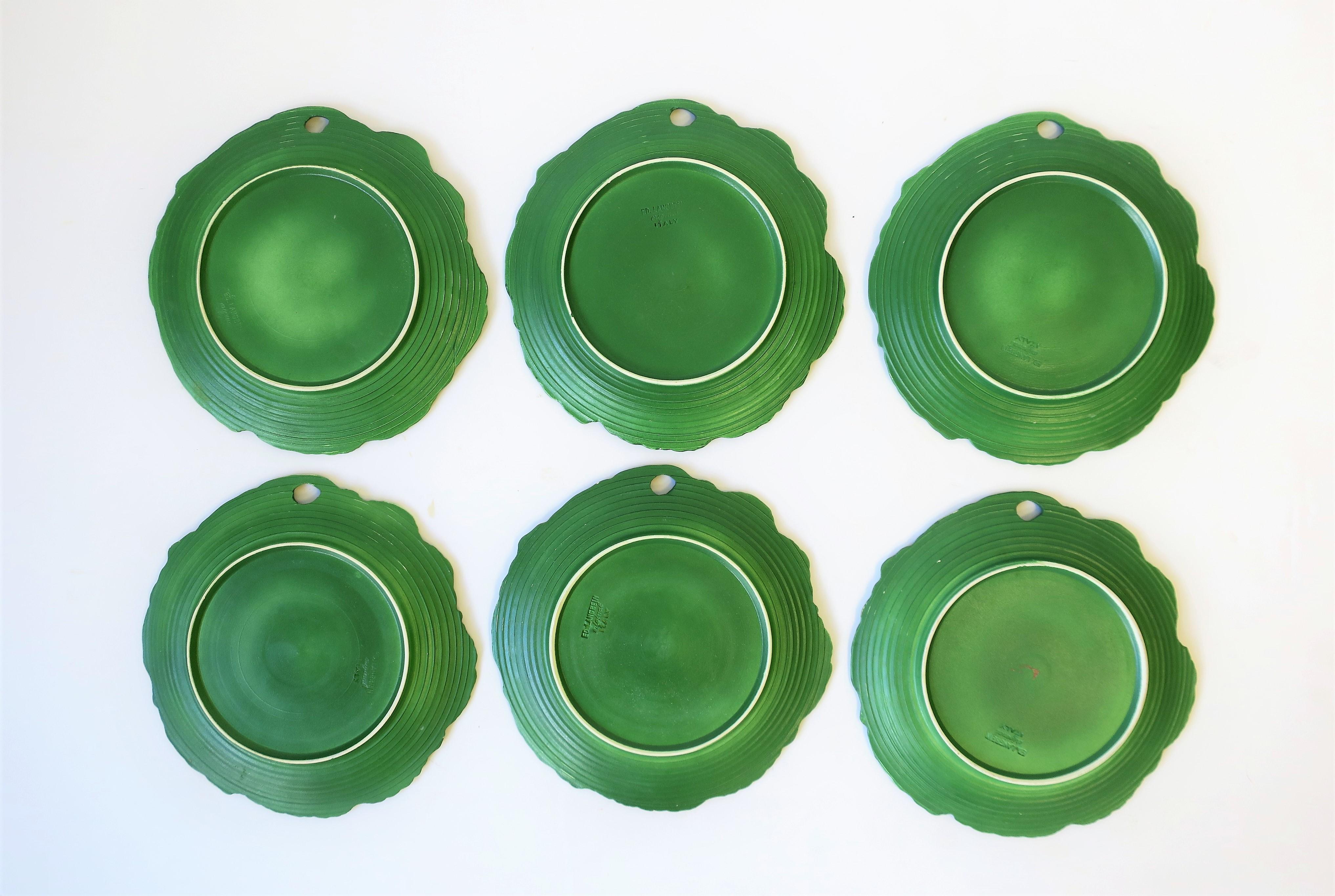 Italian Designer Green Leaf and Yellow Flower Plates, Set of 6 For Sale 2