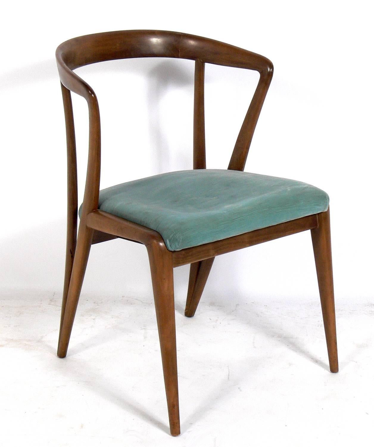 Set of six Italian midcentury dining chairs, designed by Bertha Schaefer for Singer and Sons, Italy, circa 1950s. These chairs retain their wonderful original patina. They are currently being reupholstered and can be finished in your fabric. The