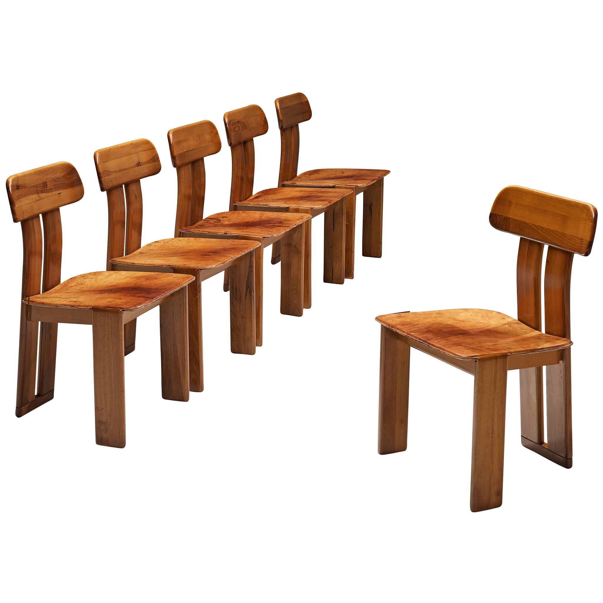 Set of Six Italian Dining Chairs by Sapporo in Cognac Leather