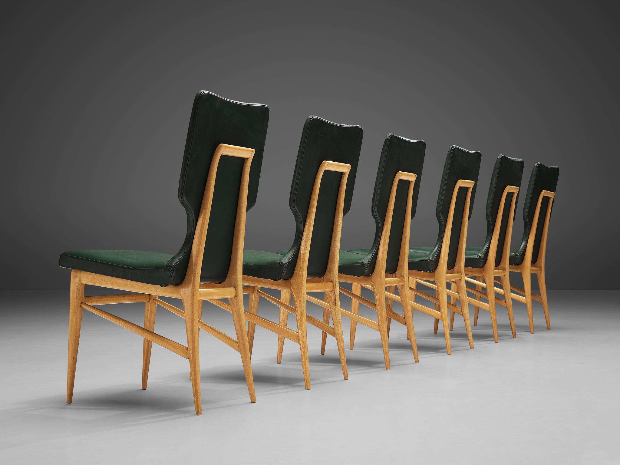 Mid-Century Modern Set of Six Italian Dining Chairs in Beech and Green Leatherette