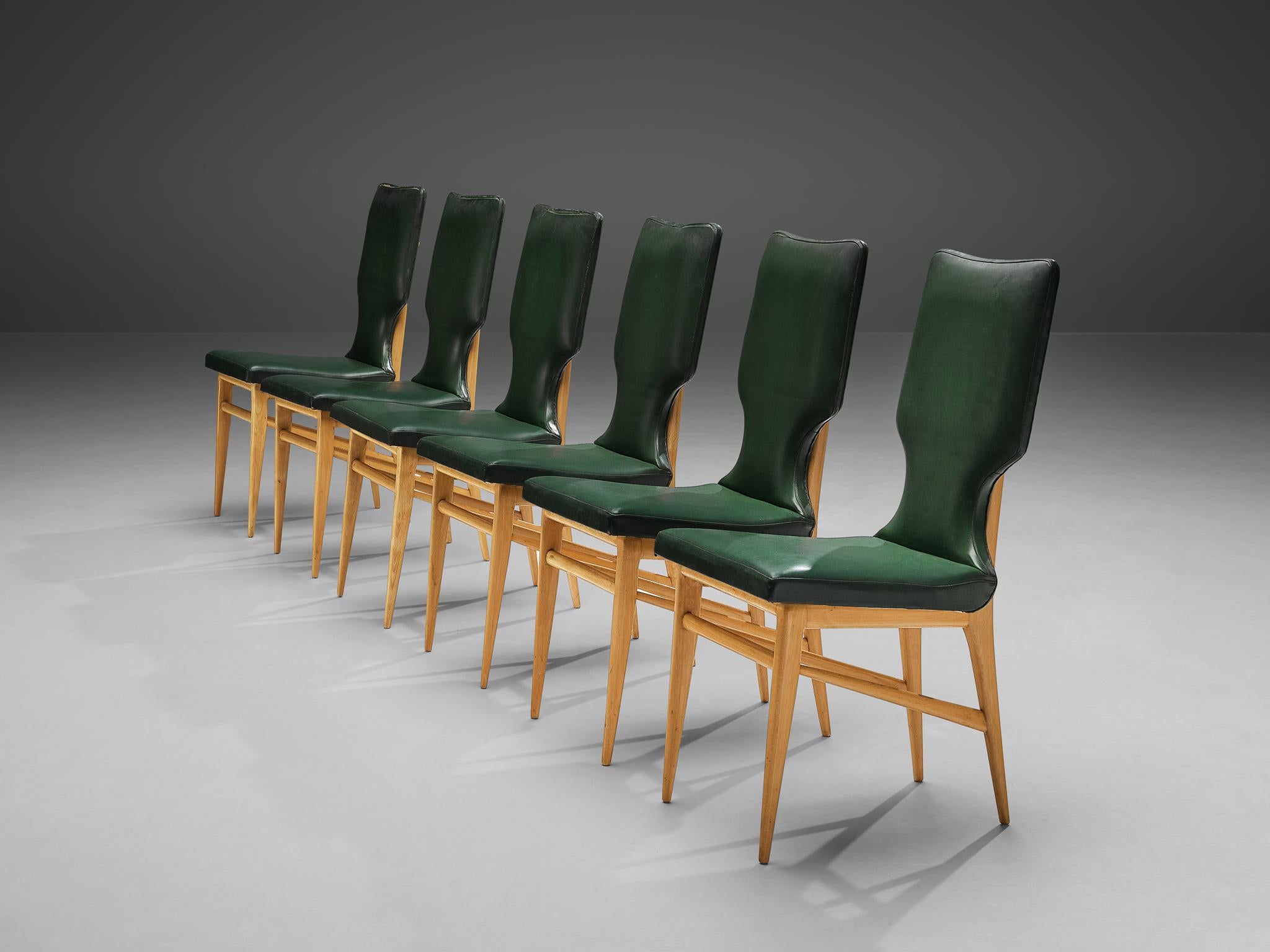 Mid-20th Century Set of Six Italian Dining Chairs in Beech and Green Leatherette