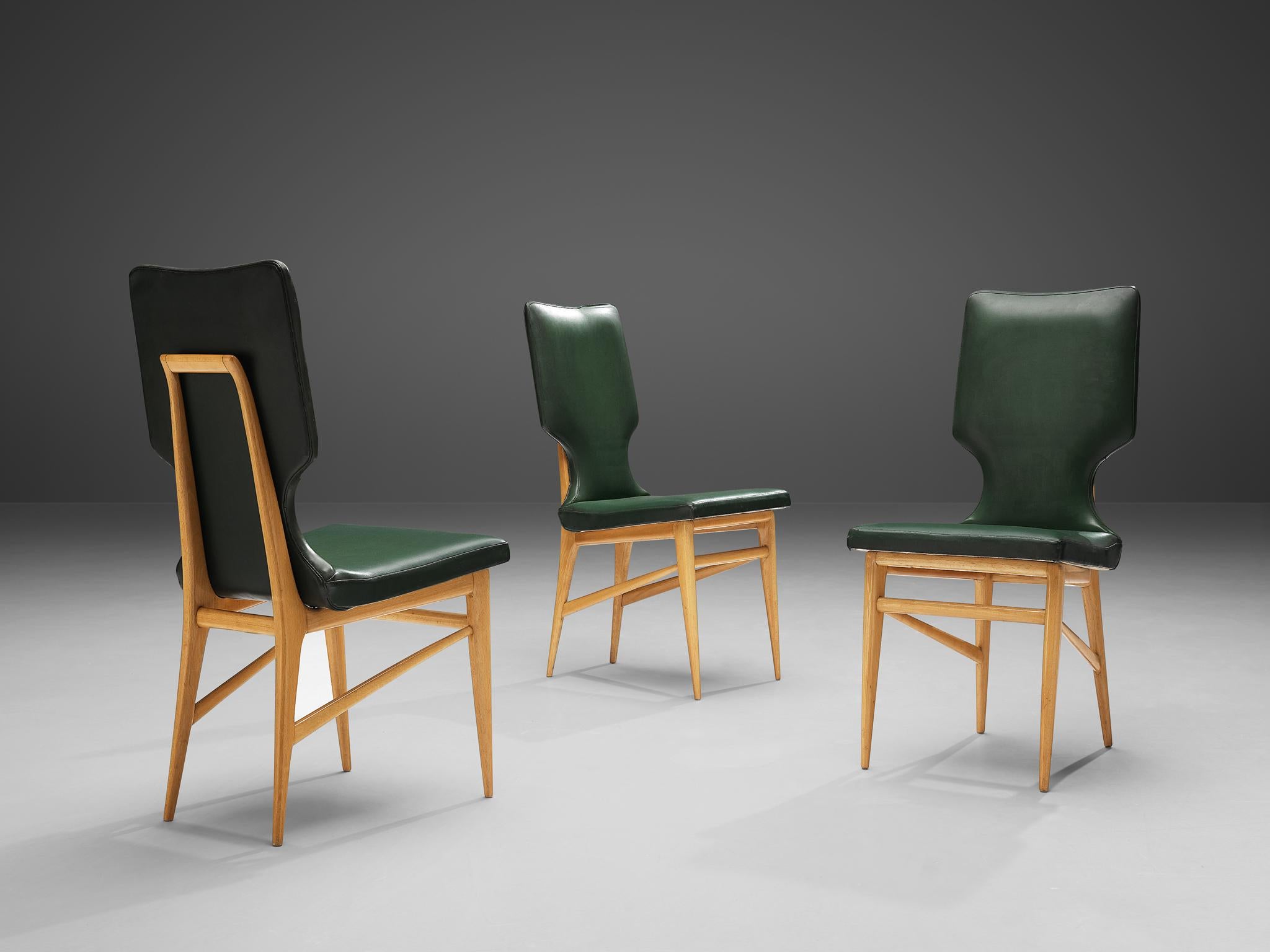 Faux Leather Set of Six Italian Dining Chairs in Beech and Green Leatherette