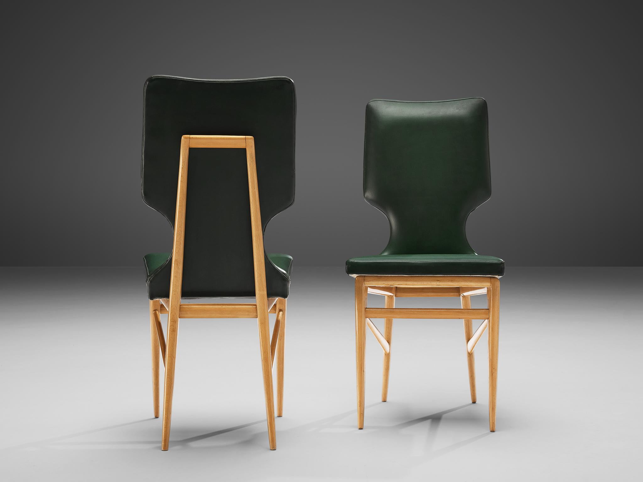 Set of Six Italian Dining Chairs in Beech and Green Leatherette 1