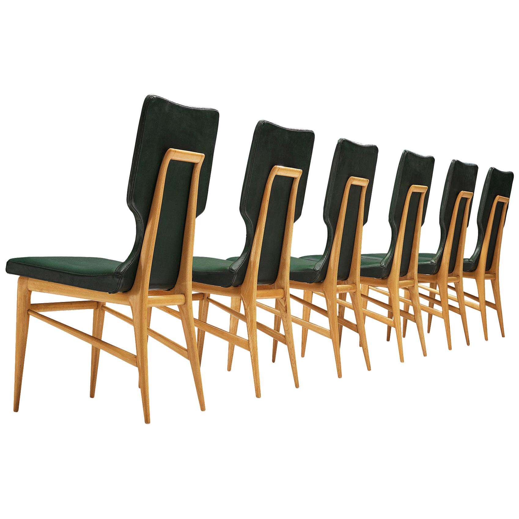Set of Six Italian Dining Chairs in Beech and Green Leatherette