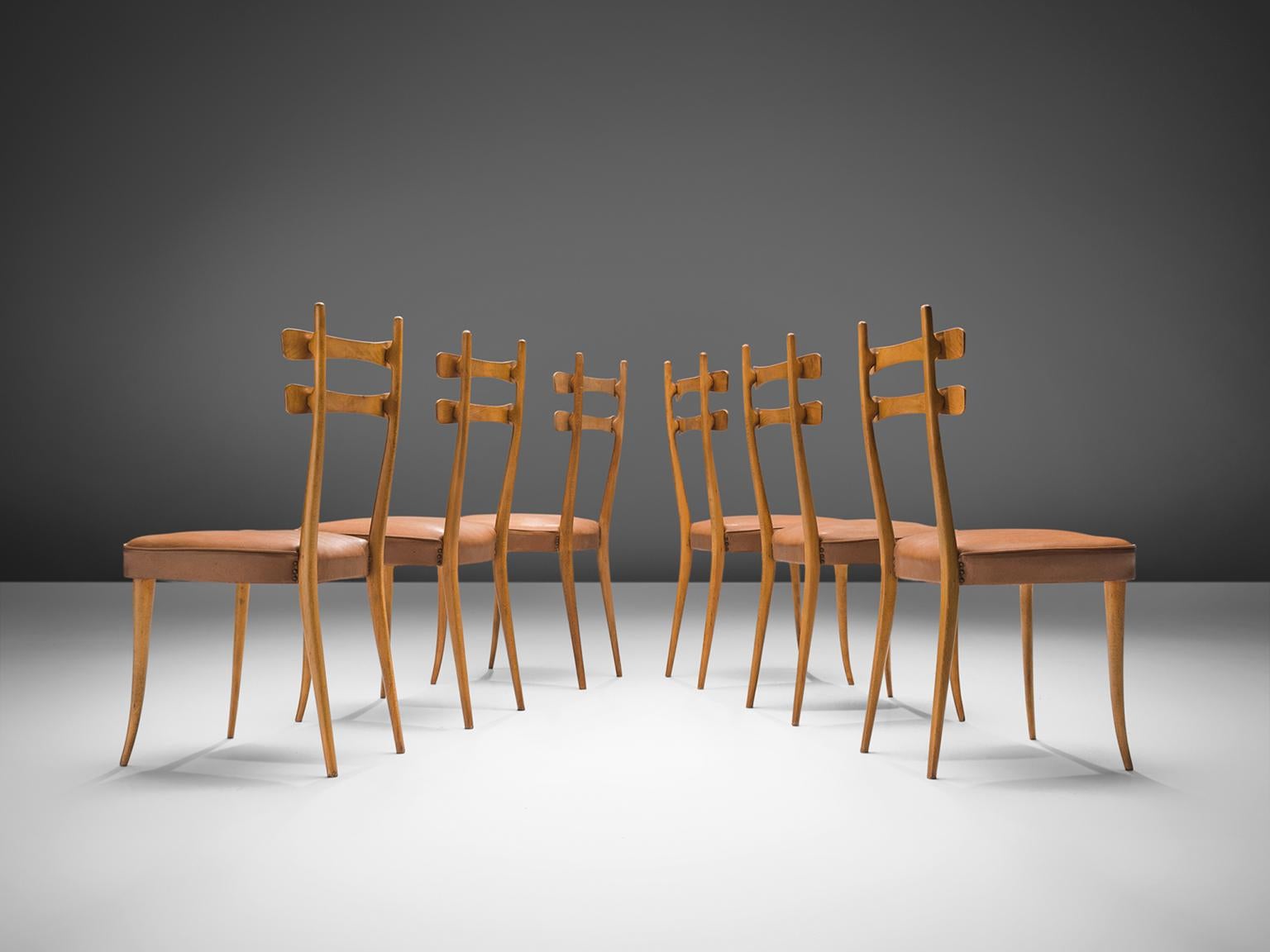 Mid-Century Modern Set of Six Italian Dining Chairs in Beech and Leather 