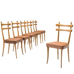 Set of Six Italian Dining Chairs in Beech and Leather 