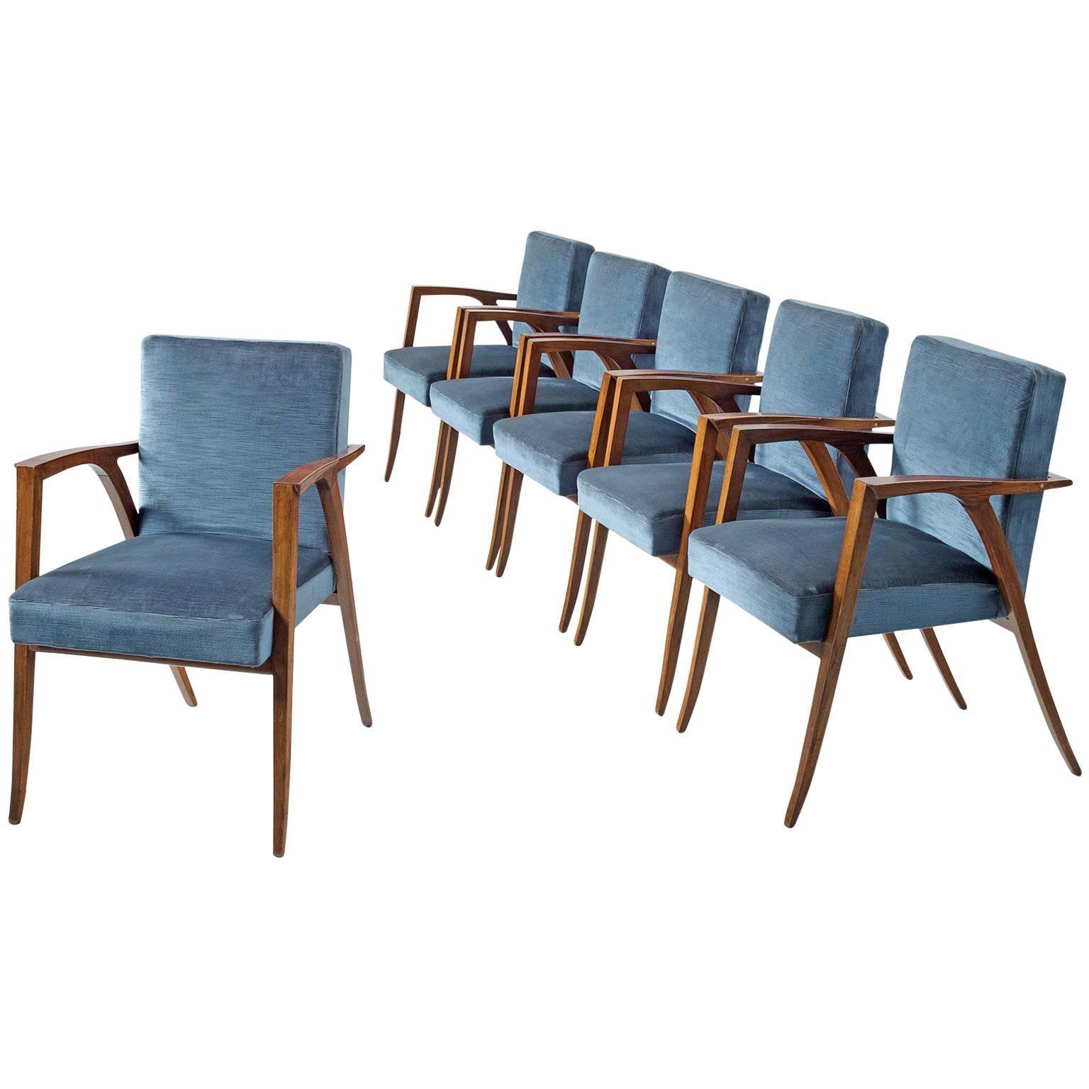 Set of Six Italian Dining Chairs in Blue Velvet and Rosewood