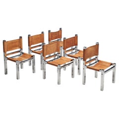 Set of Six Italian Dining Chairs in Chromed Metal and Cognac Leather