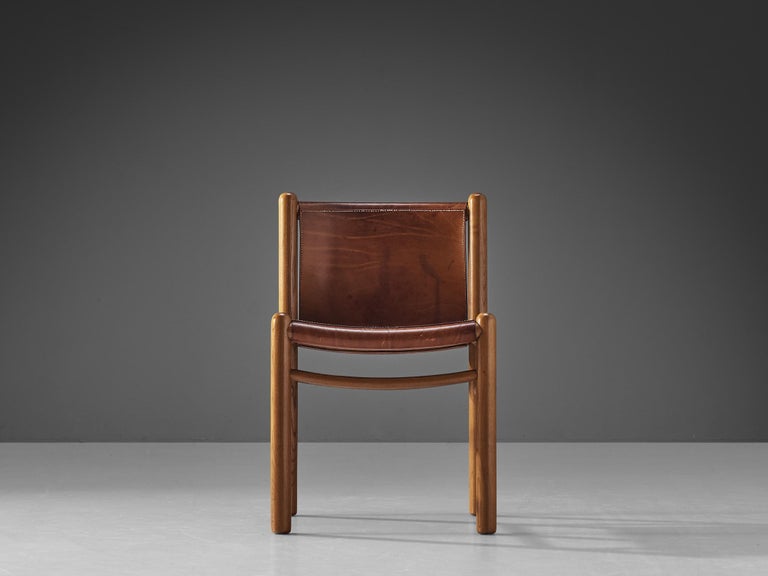 Set of Six Italian Dining Chairs in Elm and Cognac Leather In Good Condition In Waalwijk, NL