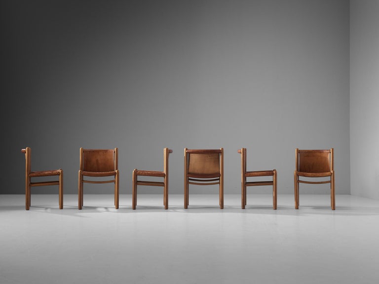 Mid-20th Century Set of Six Italian Dining Chairs in Elm and Cognac Leather