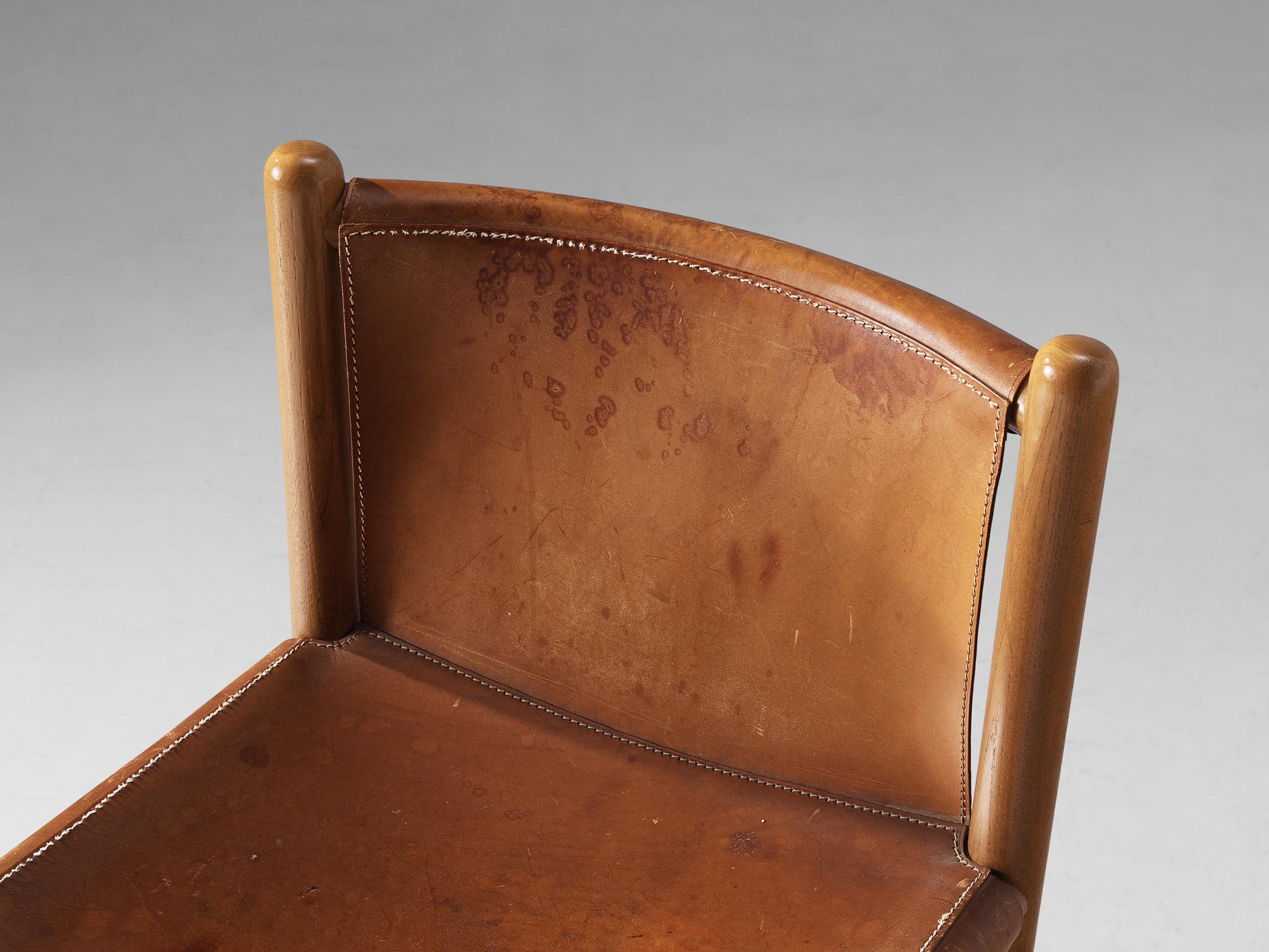 Set of Six Italian Dining Chairs in Elm and Cognac Leather 1