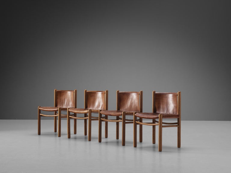 Set of Six Italian Dining Chairs in Elm and Cognac Leather 2