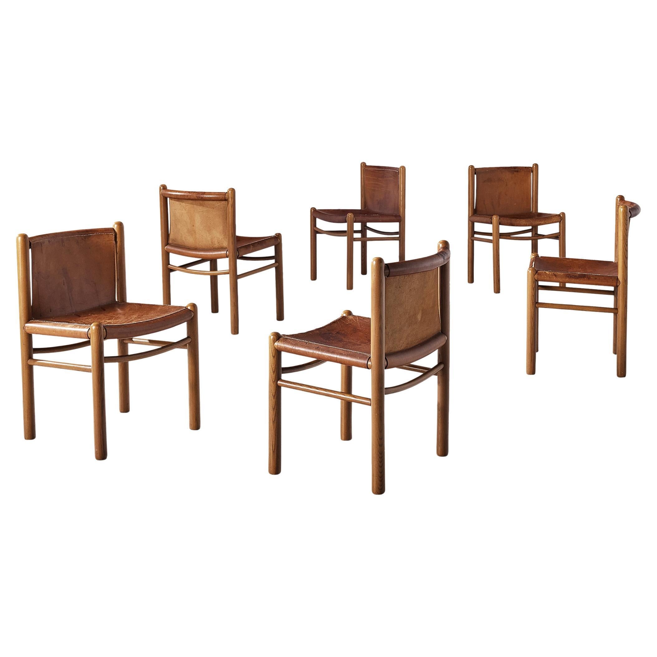 Set of Six Italian Dining Chairs in Elm and Cognac Leather