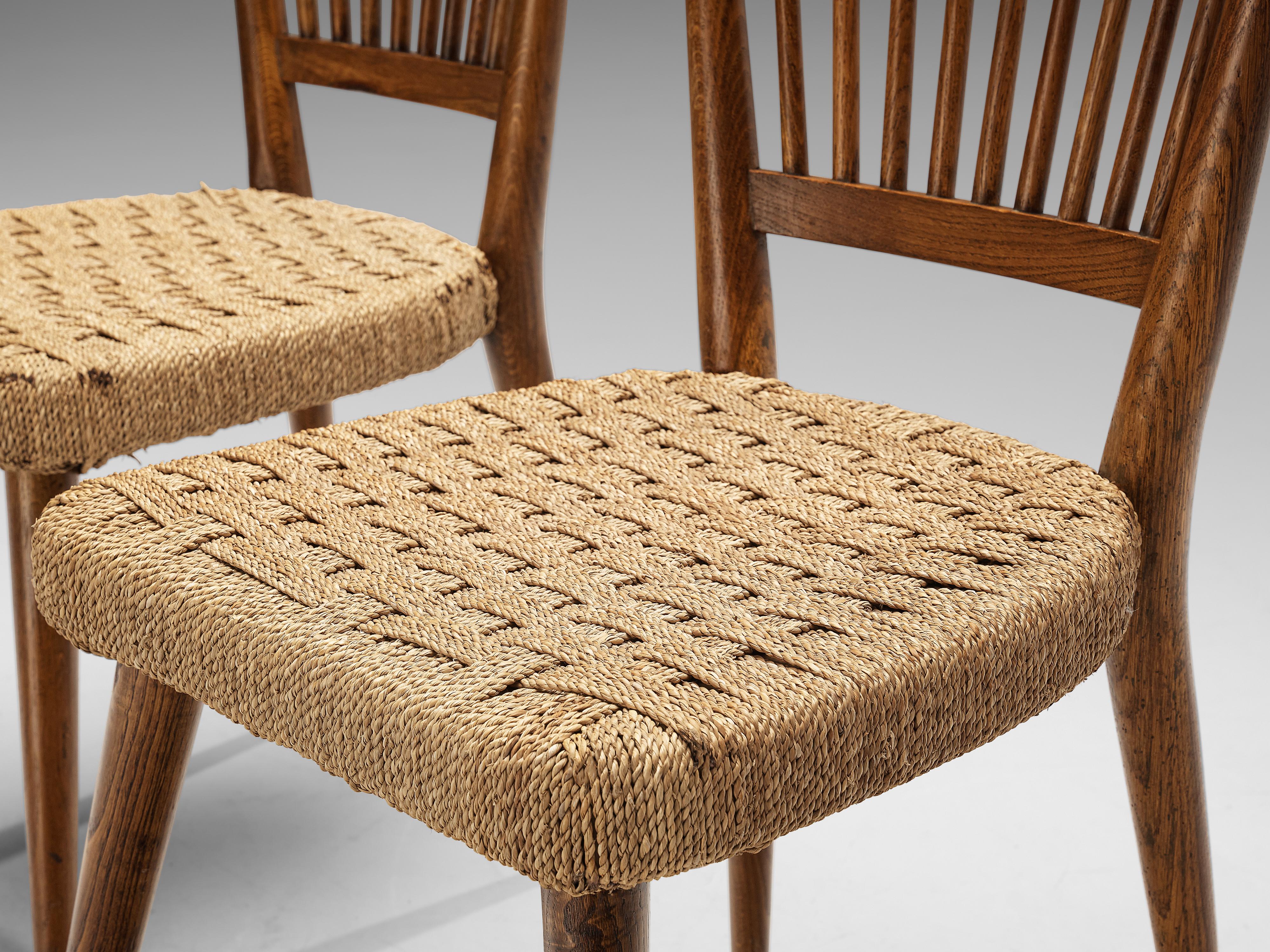 Italian Set of Six Dining Chairs in Oak and Wicker Braided Straw For Sale 4