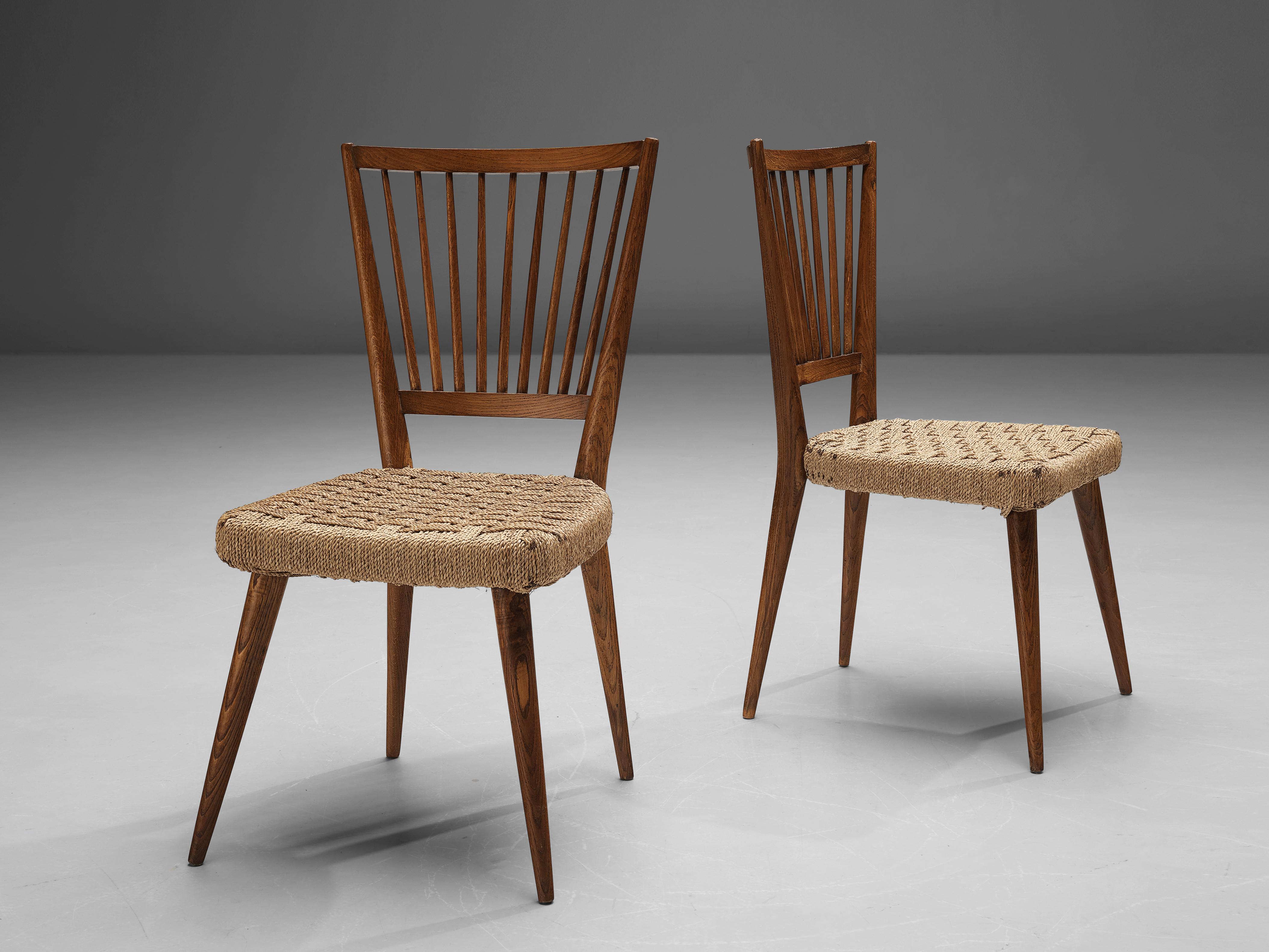Mid-20th Century Italian Set of Six Dining Chairs in Oak and Wicker Braided Straw For Sale