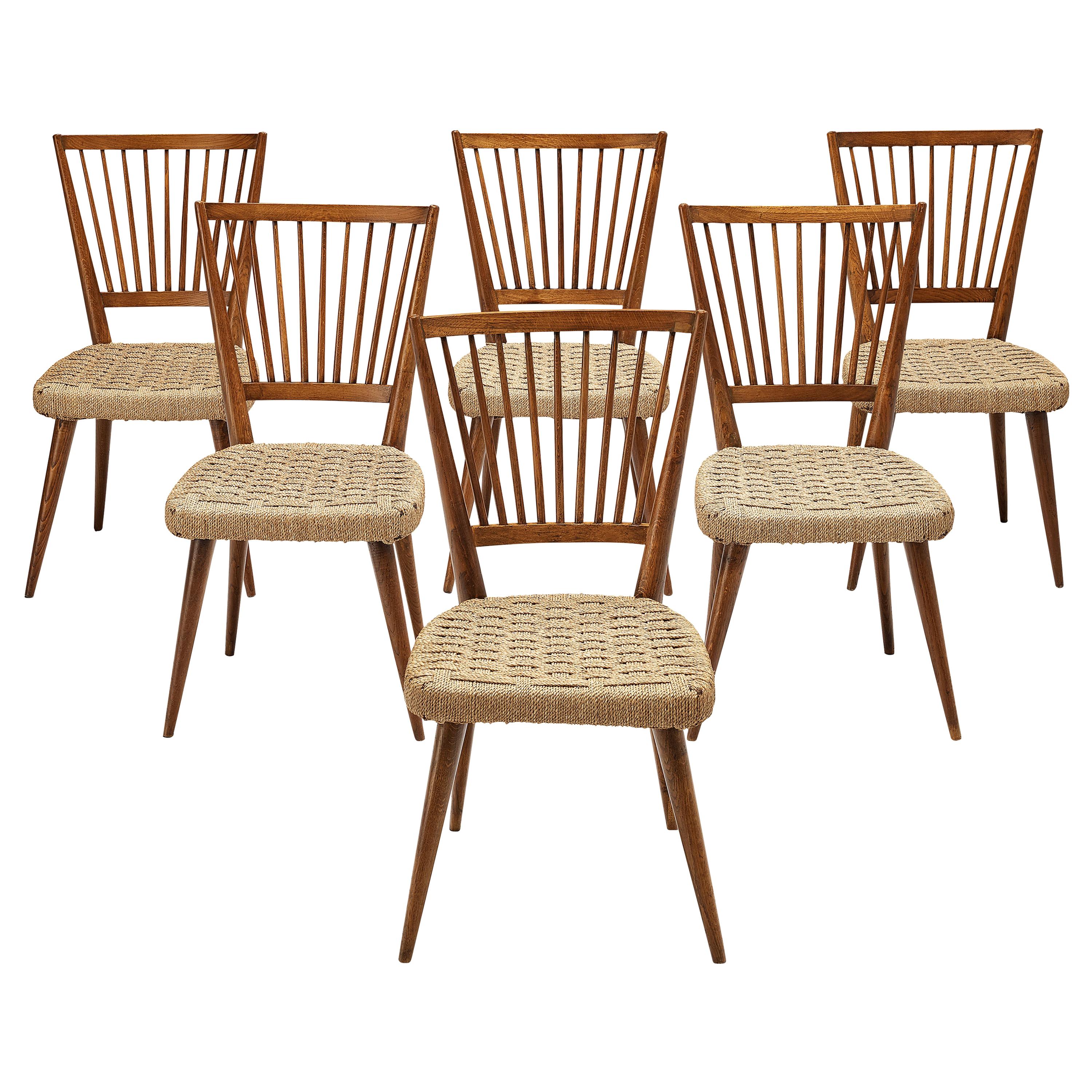 Set of Six Italian Dining Chairs in Oak and Cord Webbing