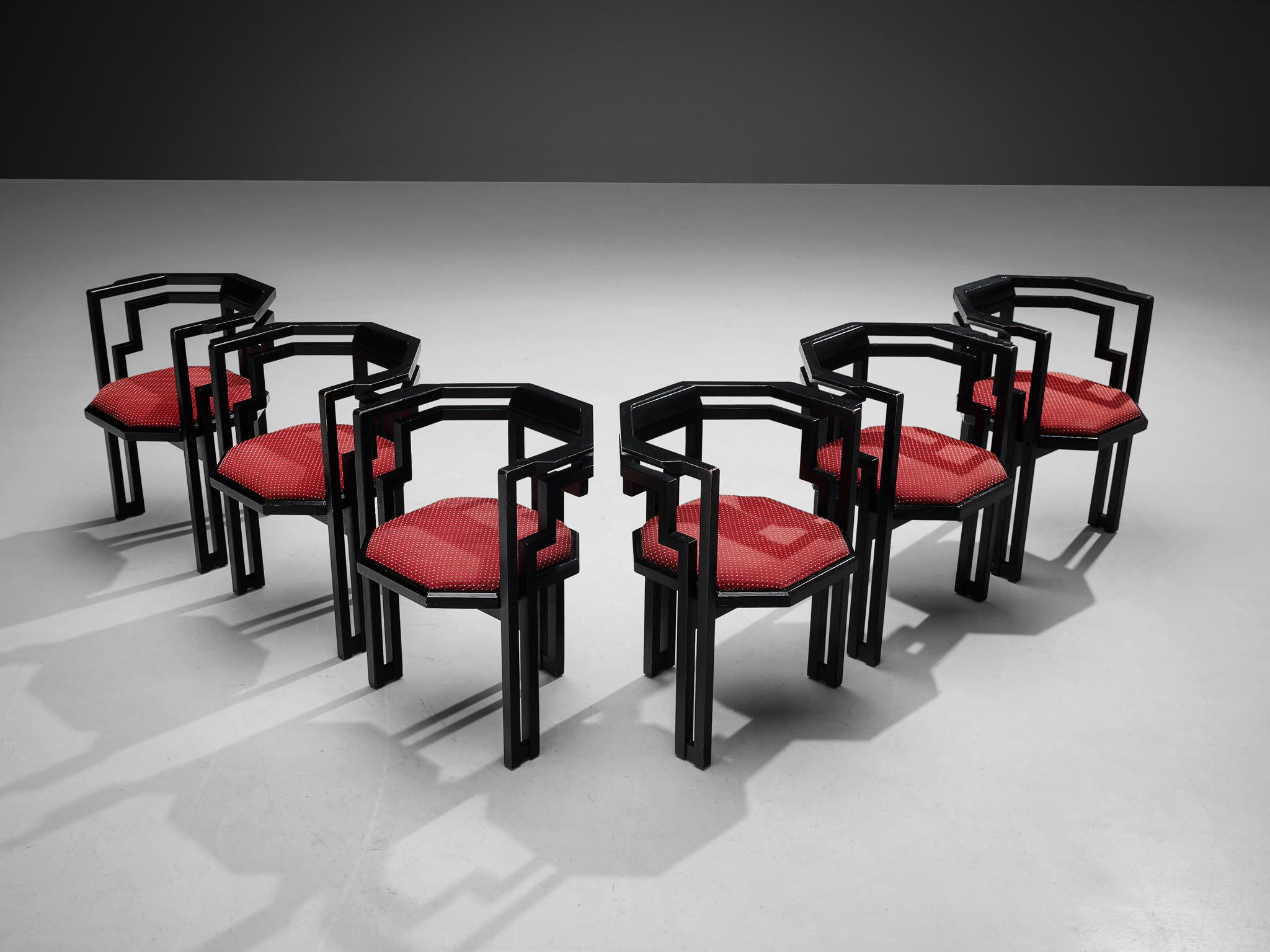 Set of six dining chairs, black lacquered oak, fabric, Italy, 1970s. 

Outstanding set of six geometrical Italian dining chairs. These chairs combine a sculptural design that is simple, but very strong in lines and proportions with a luxurious