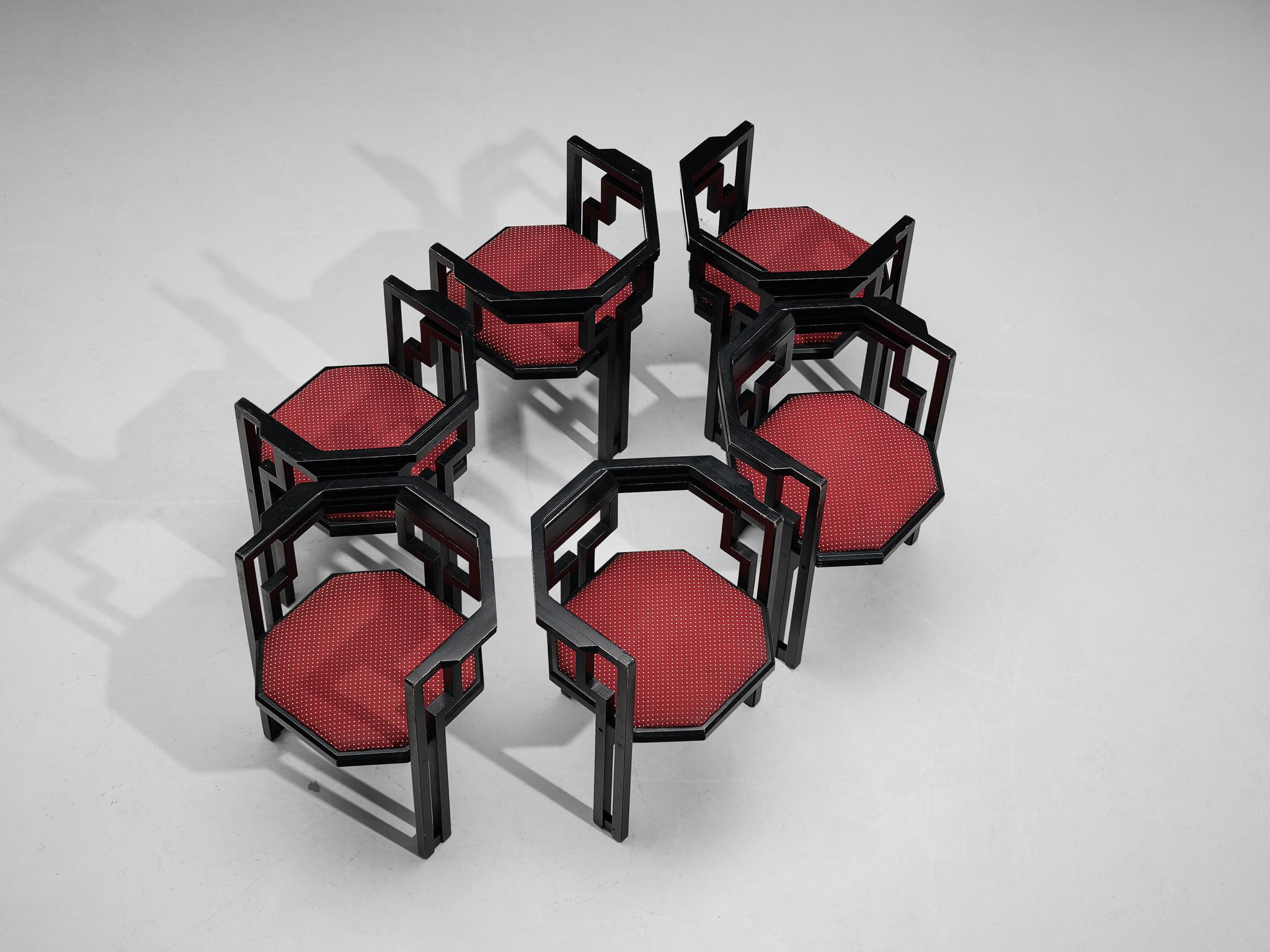 Late 20th Century Italian Set of Six Dining Chairs in Oak and Vibrant Red Upholstery For Sale