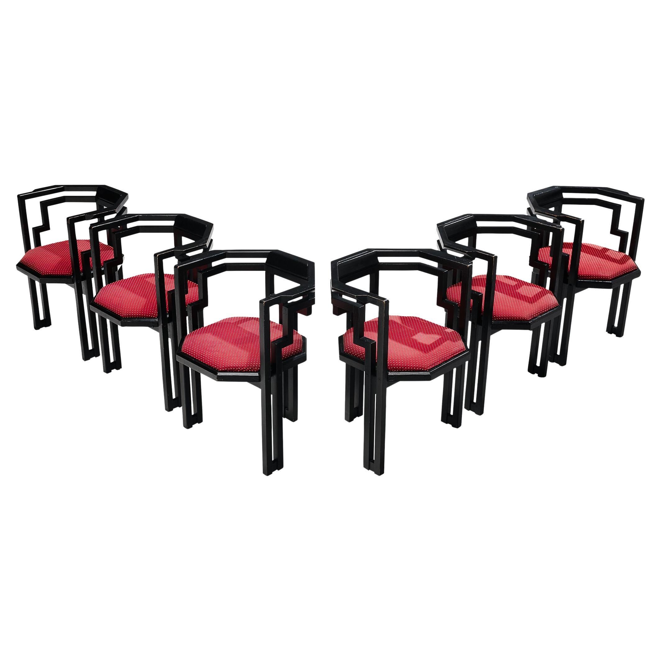 Set of Six Italian Dining Chairs in Oak and Vibrant Red Upholstery