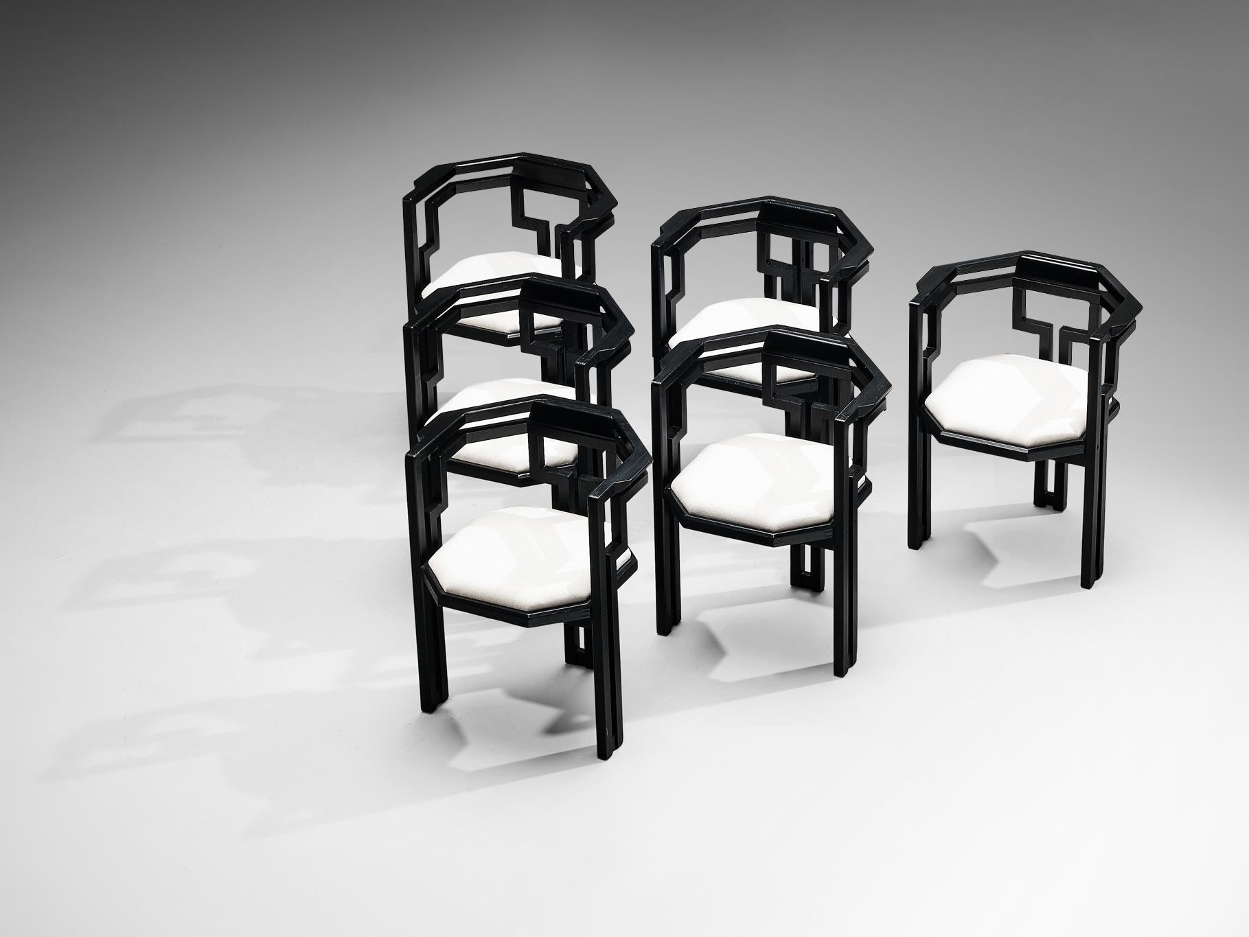 Mid-Century Modern Set of Six Italian Dining Chairs in Oak and White Upholstery For Sale