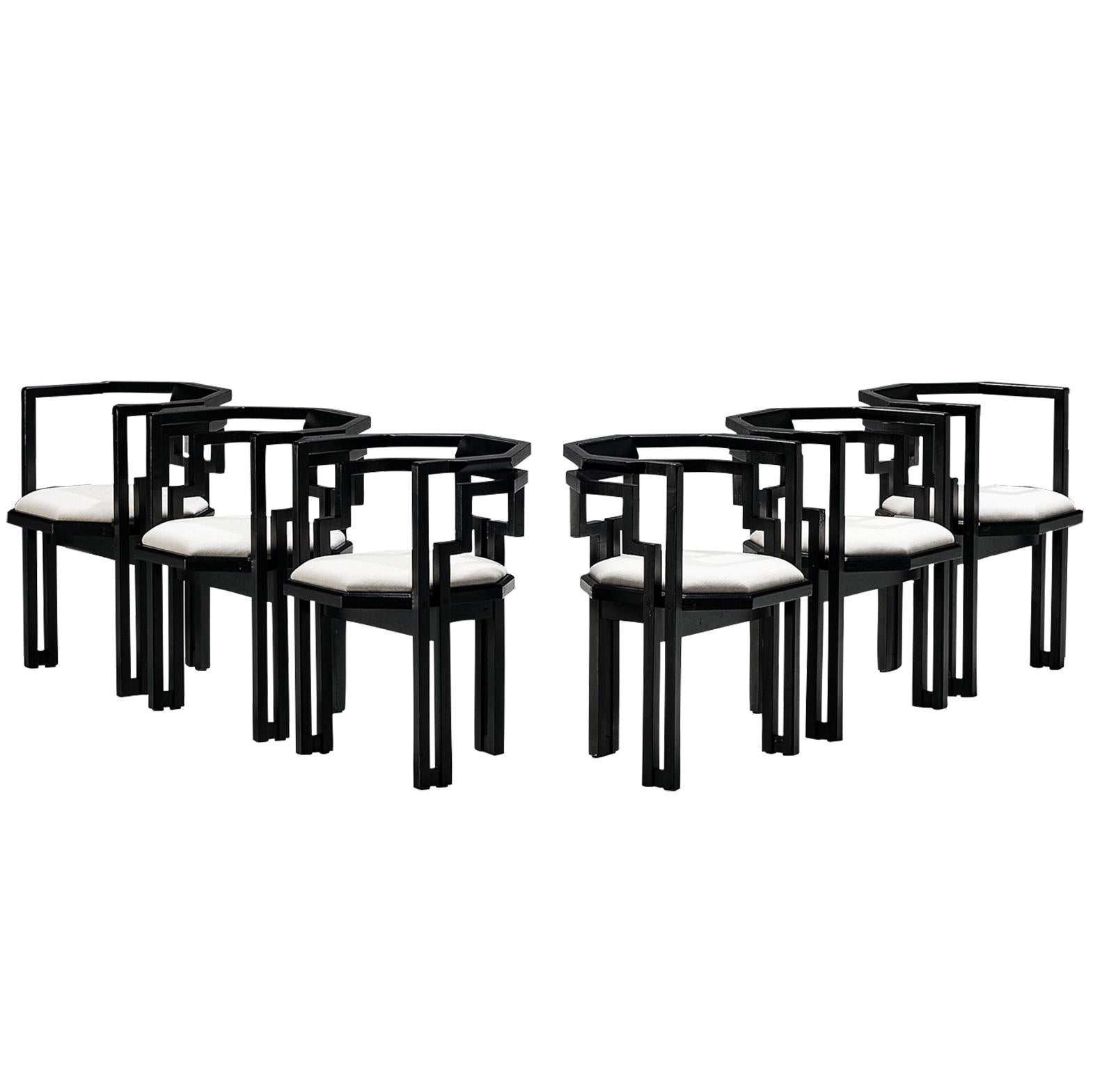 Set of Six Italian Dining Chairs in Oak and White Upholstery