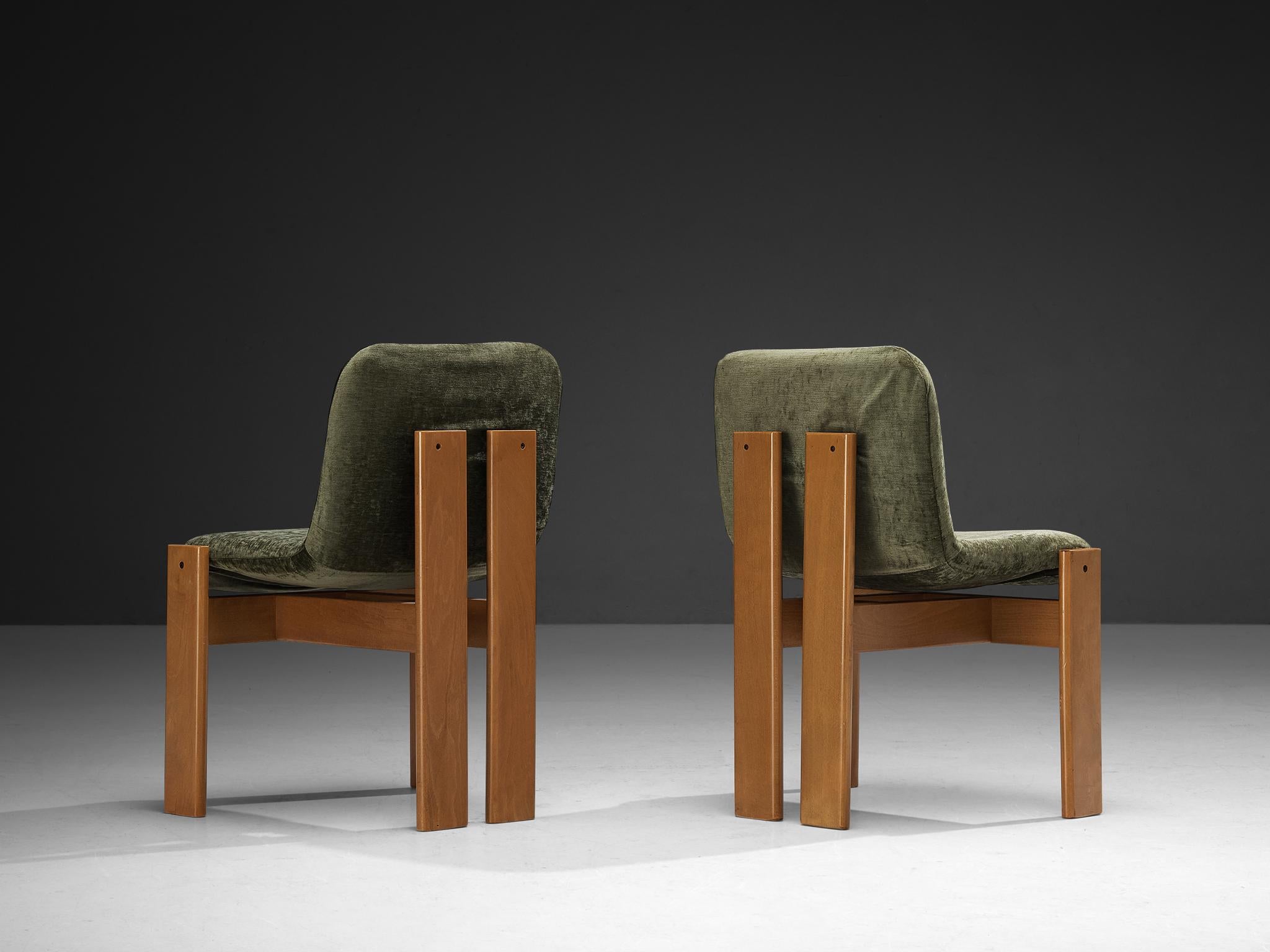 Mid-Century Modern Set of Six Italian Dining Chairs in Olive Green Upholstery For Sale
