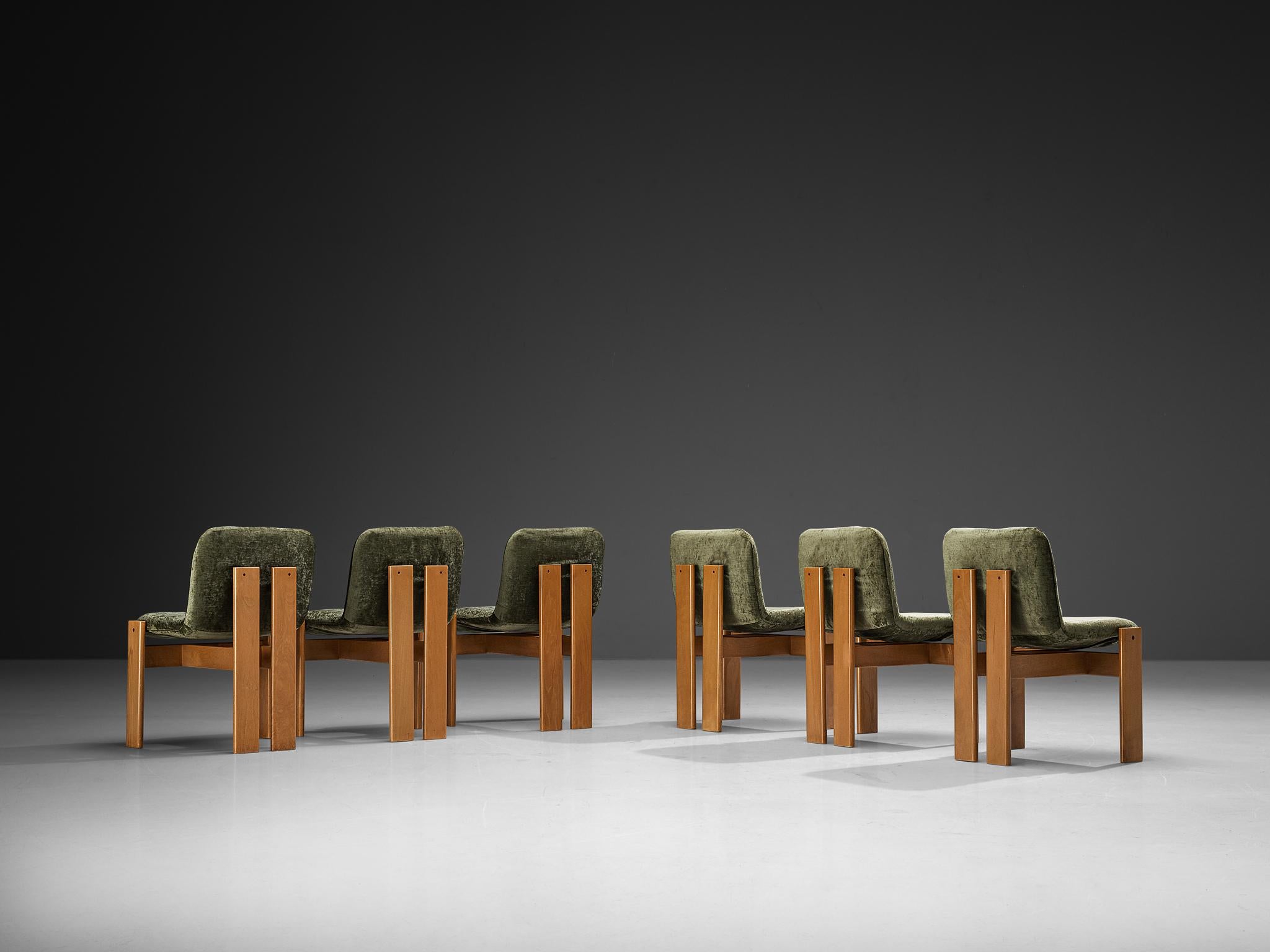 Fabric Set of Six Italian Dining Chairs in Olive Green Upholstery For Sale