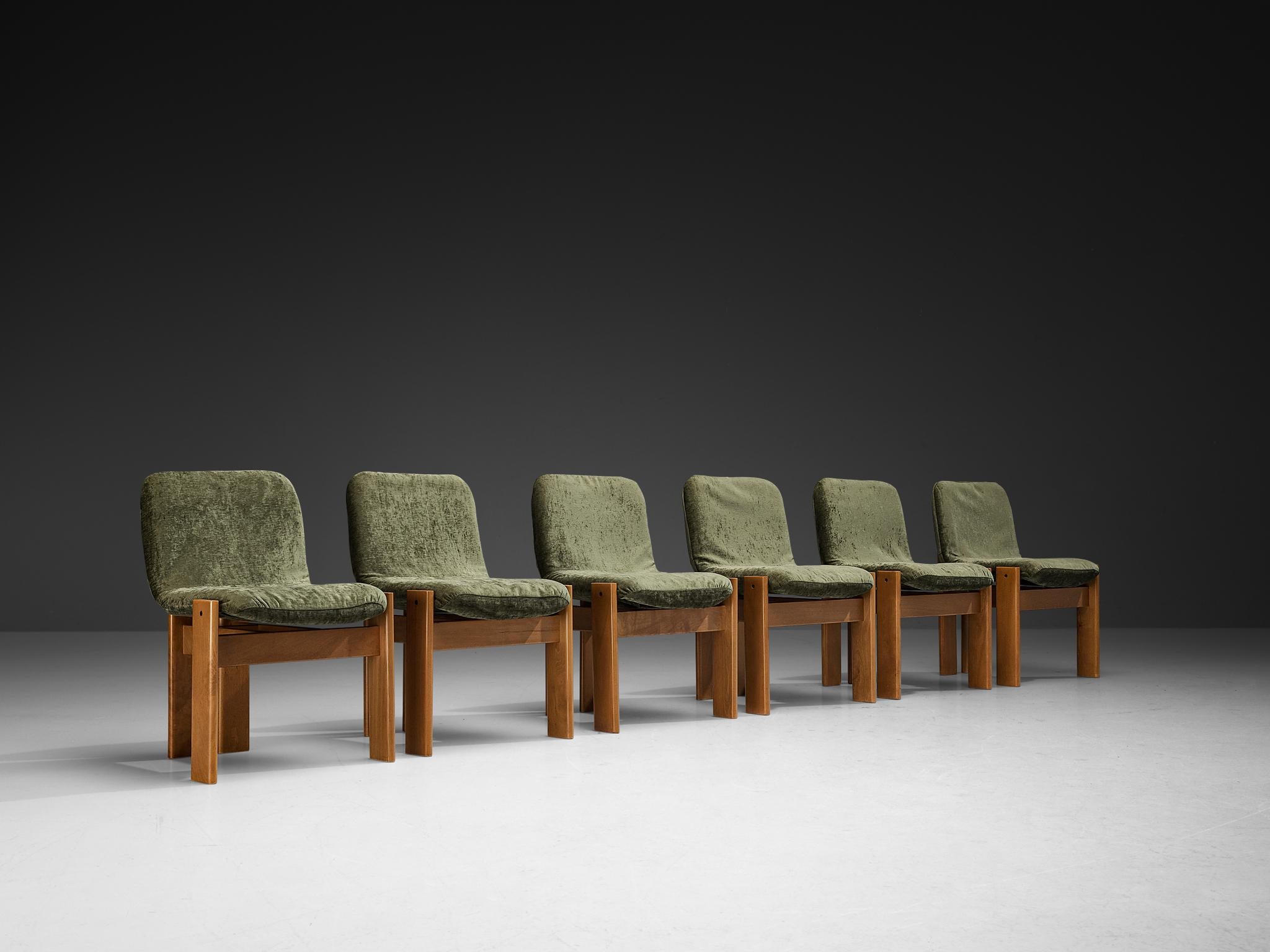 Set of Six Italian Dining Chairs in Olive Green Upholstery For Sale 1