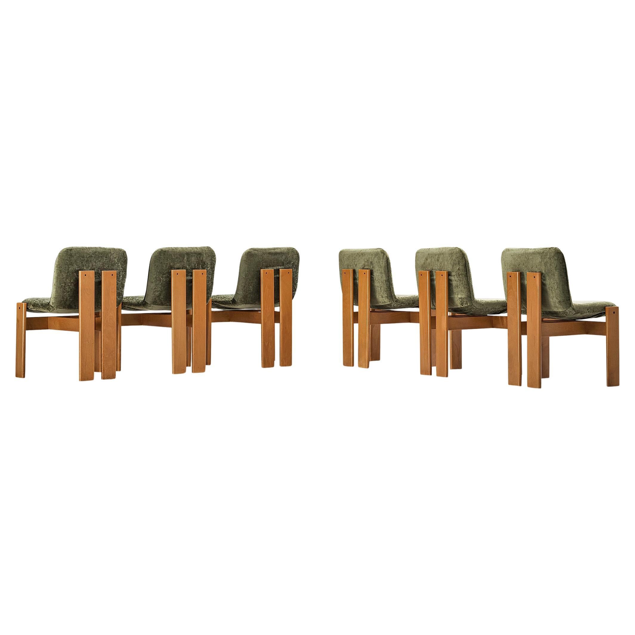 Set of Six Italian Dining Chairs in Olive Green Upholstery