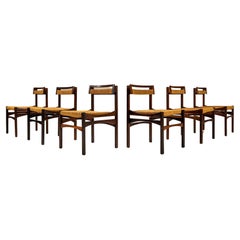 Vintage Set Of Six Italian Dining Chairs In Rosewood And Wicker, Italy 1970s
