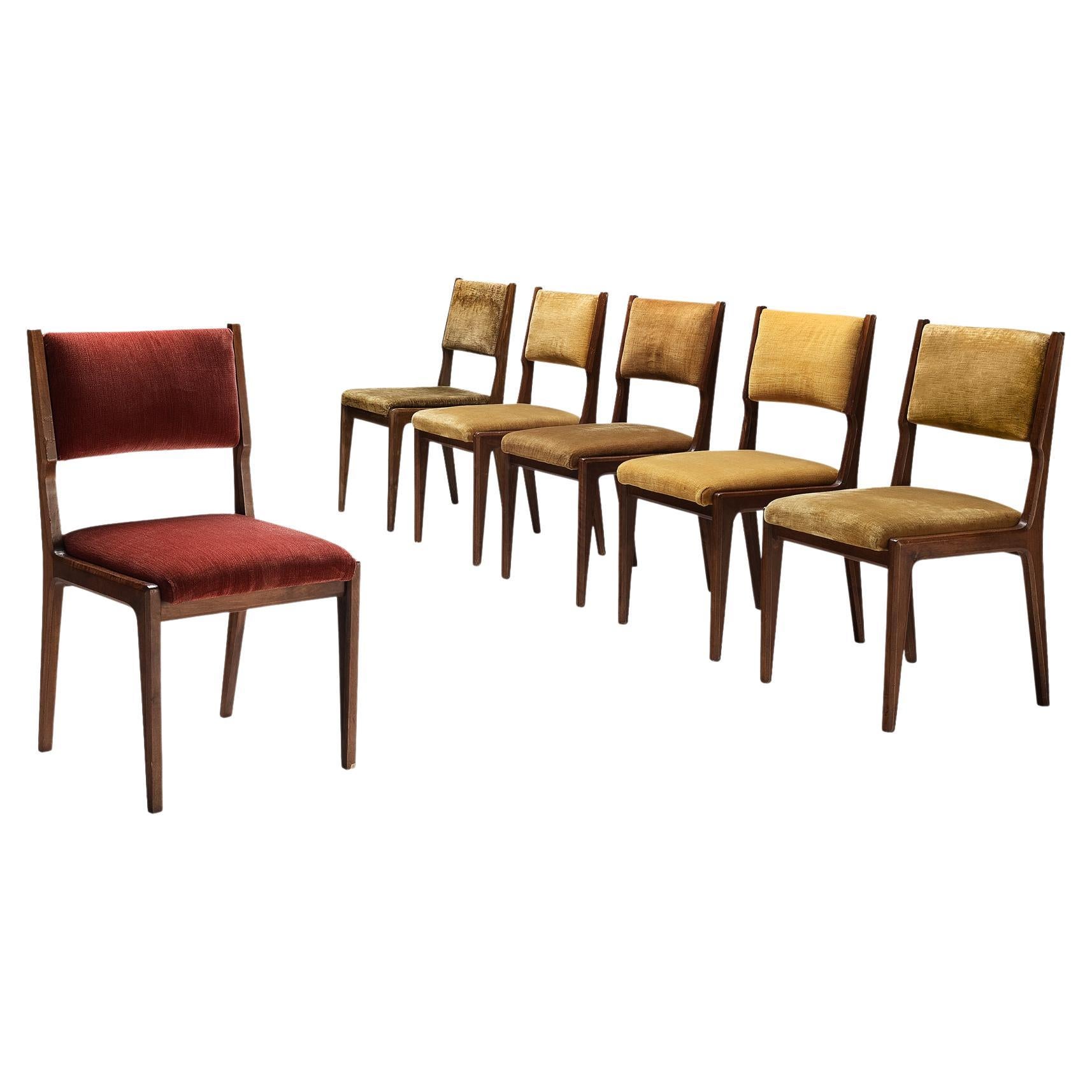 Set of Six Angular Italian Modern Dining Chairs in Grey Faux Leather and Walnut at 1stDibs