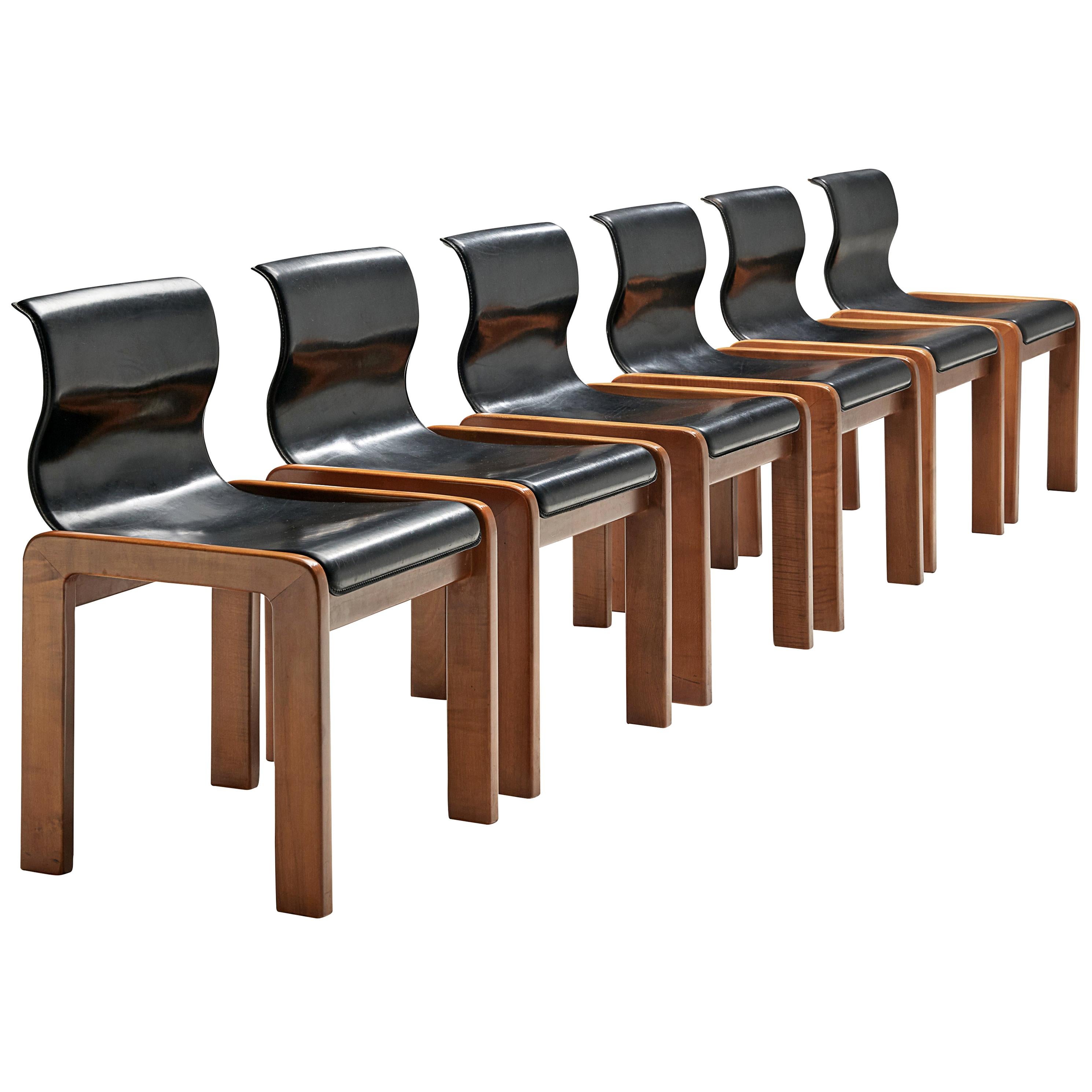Set of Six Italian Dining Chairs in Walnut and Black Leather Seats