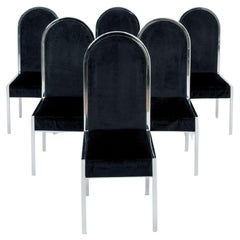 Set of Six Italian Dining Chairs with Chrome Frame and Black Velvet Upholstery
