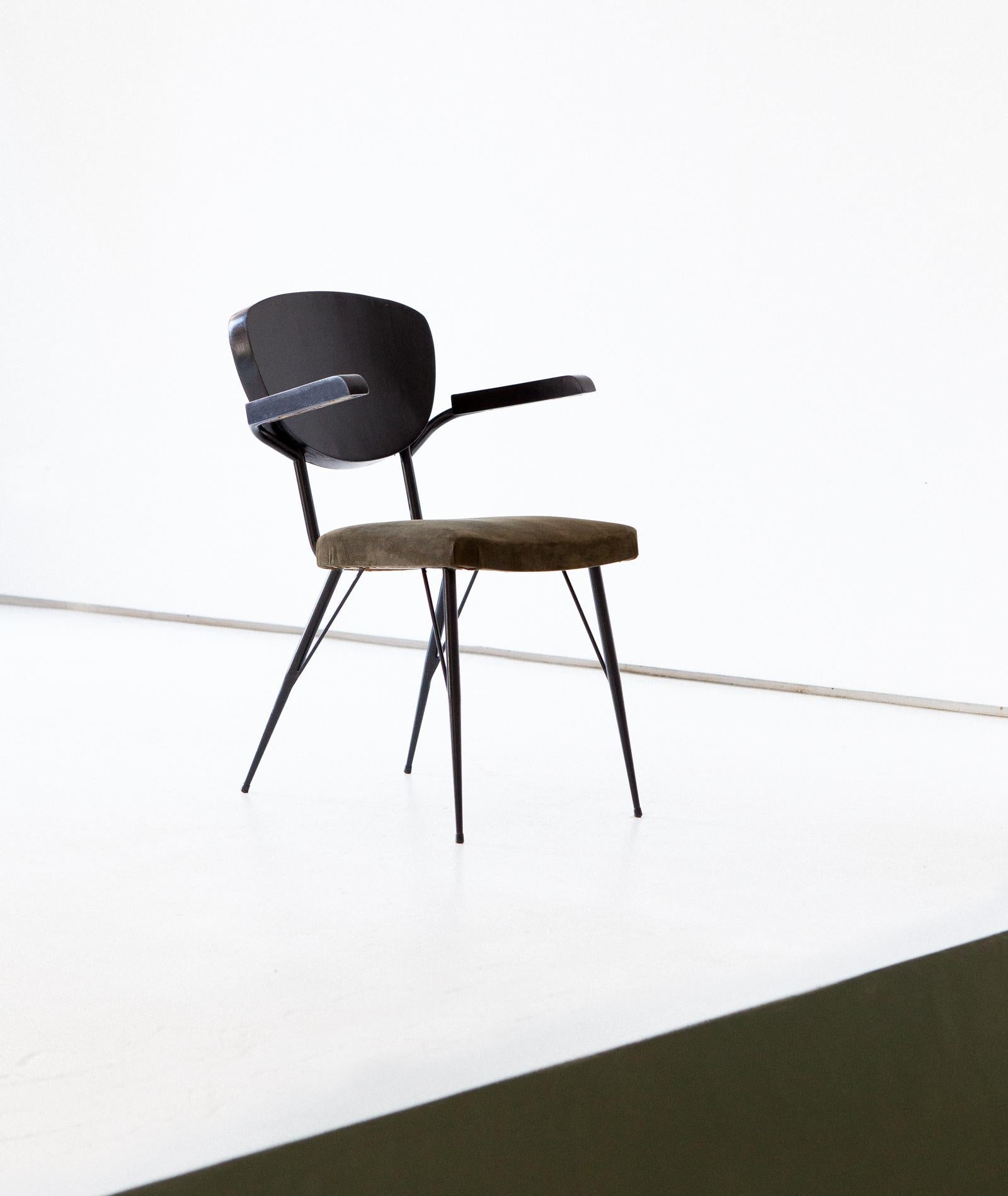 Mid-20th Century Set of Six Italian Dining Chairs with Natural Suede Leather Seat