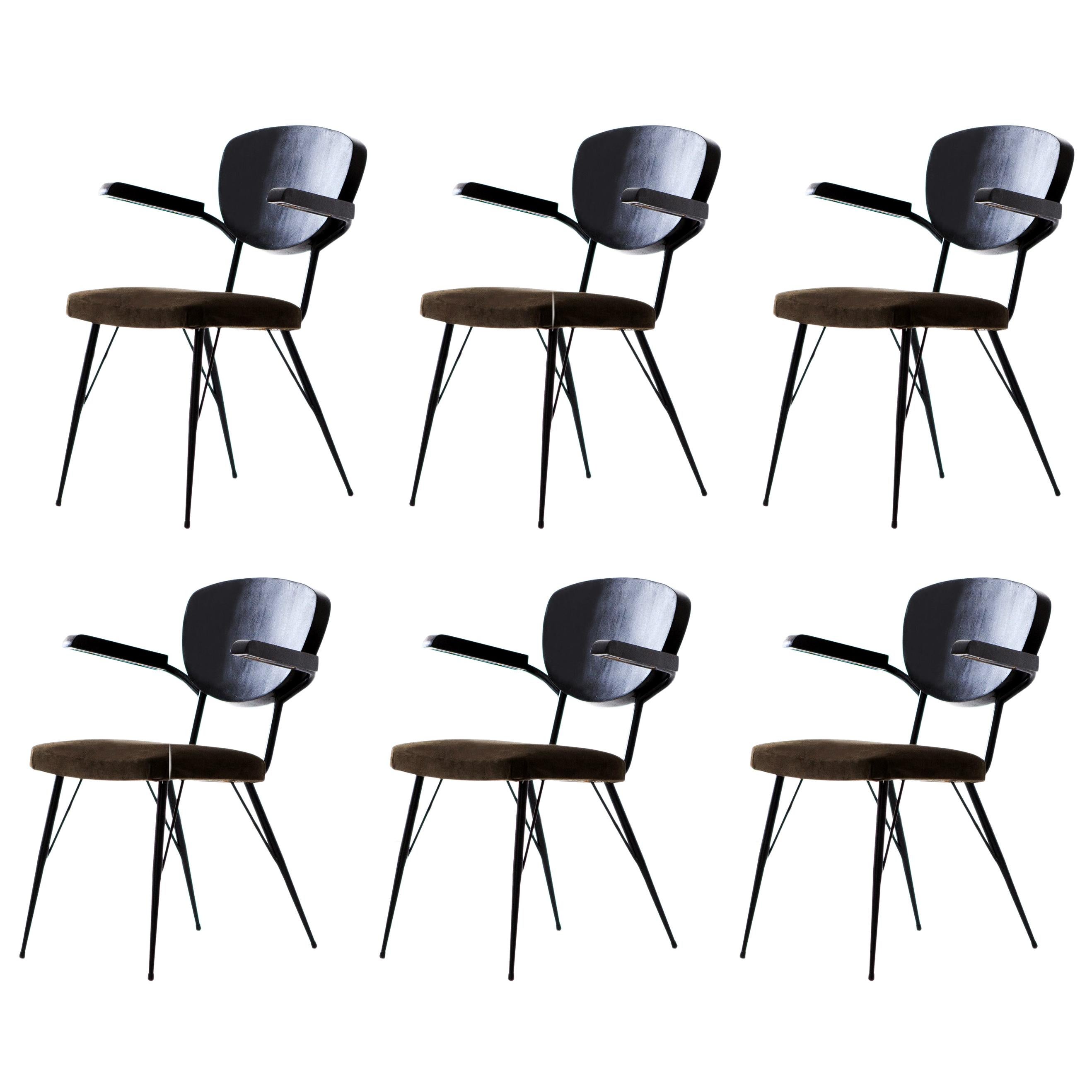 Set of Six Italian Dining Chairs with Natural Suede Leather Seat