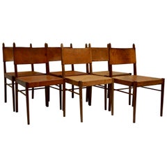 Set of Six Italian Dinning Chairs in Leather and Wood