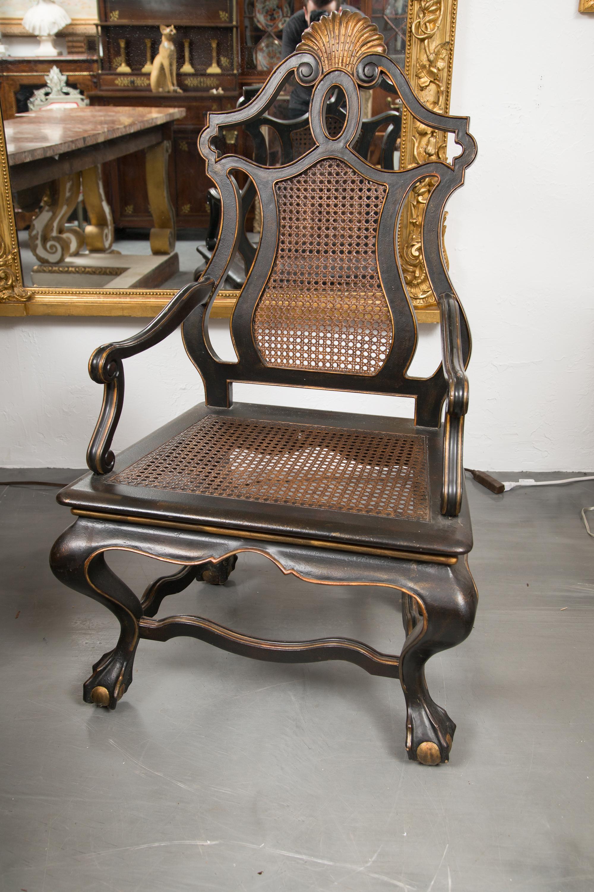 Chinese Chippendale Set of two Italian Ebonized Chairs with Gilt Decoration