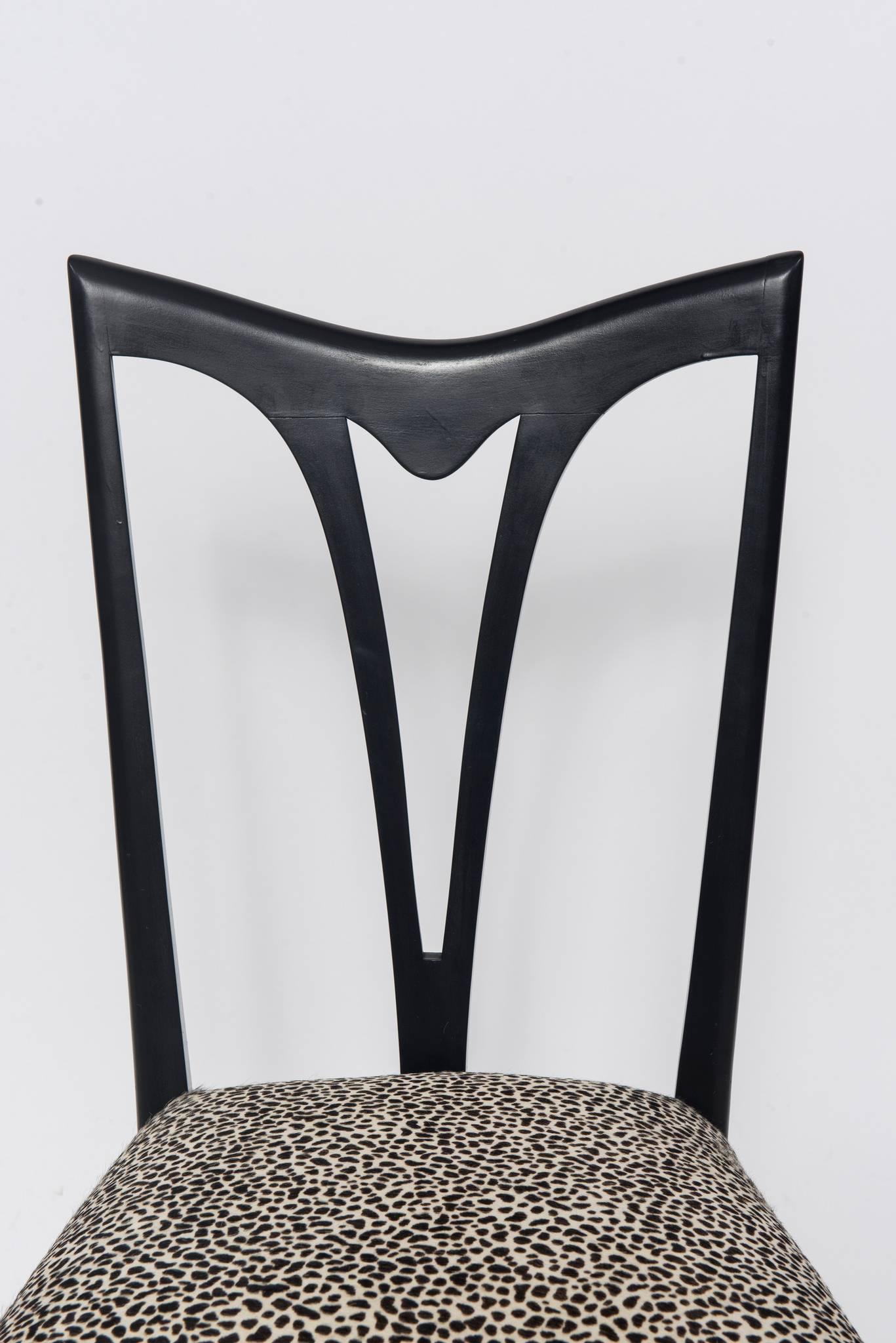 Mid-Century Modern Set of Six Italian Ebonized Dining Chairs with Leopard Print Hair Hide Seats