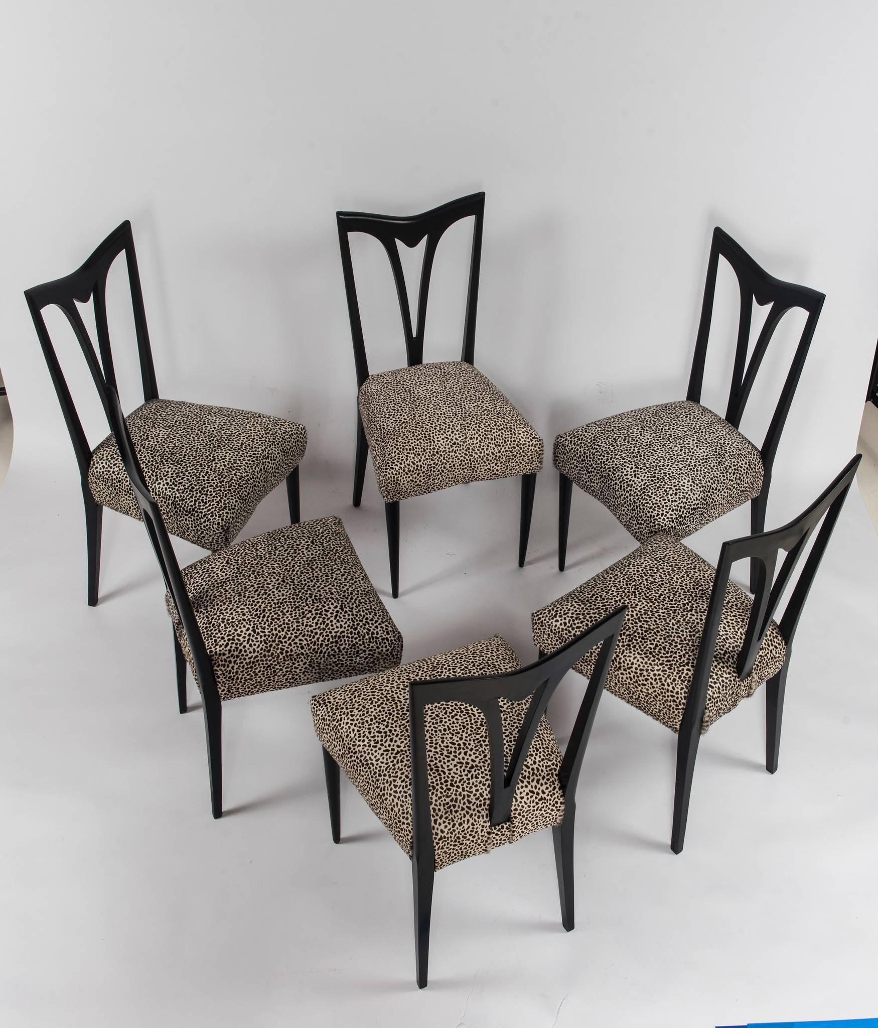Maple Set of Six Italian Ebonized Dining Chairs with Leopard Print Hair Hide Seats